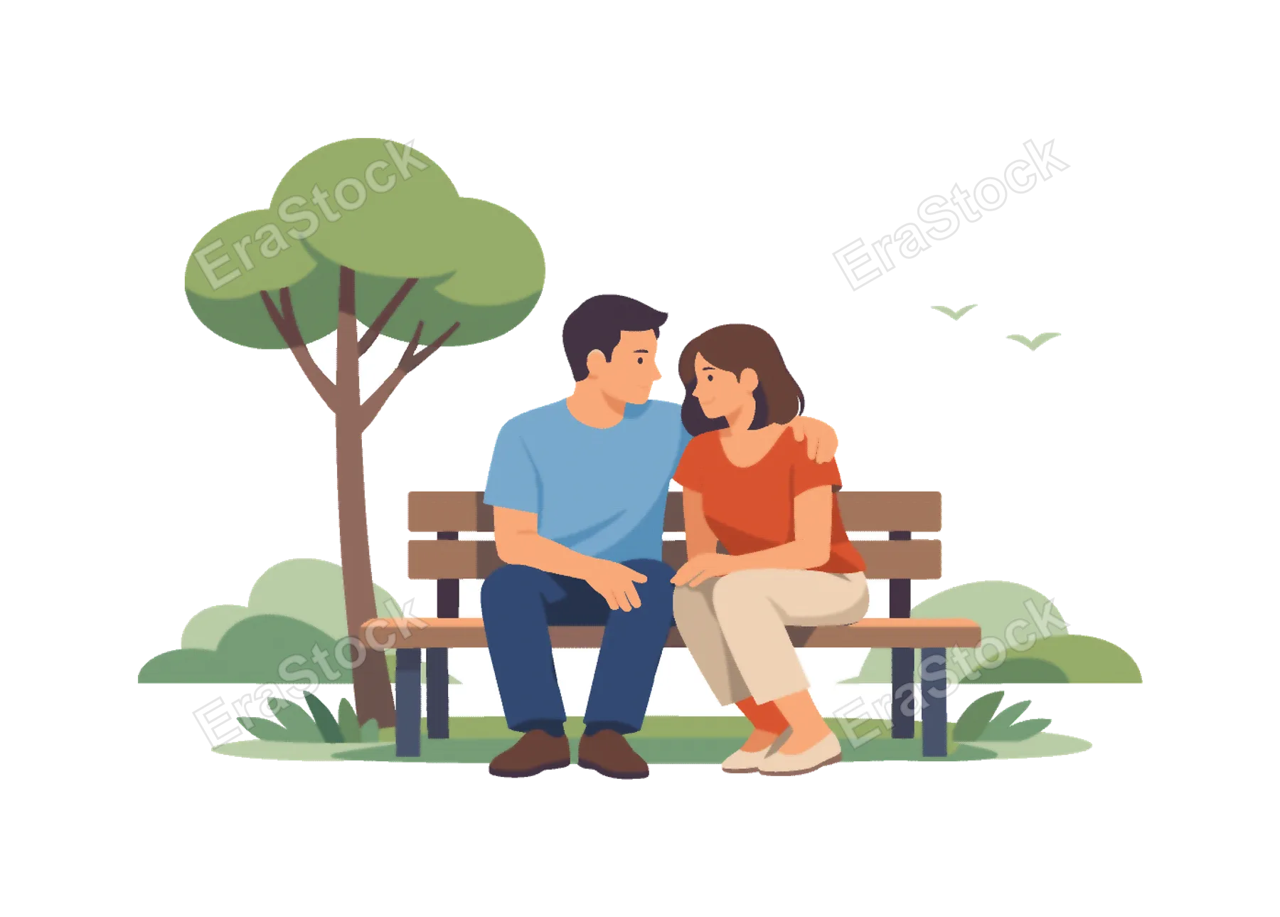 A couple enjoying a quiet romantic moment together in a peaceful park setting, represented by two people sitting on a simple bench beneath a minimal tree, symbolizing