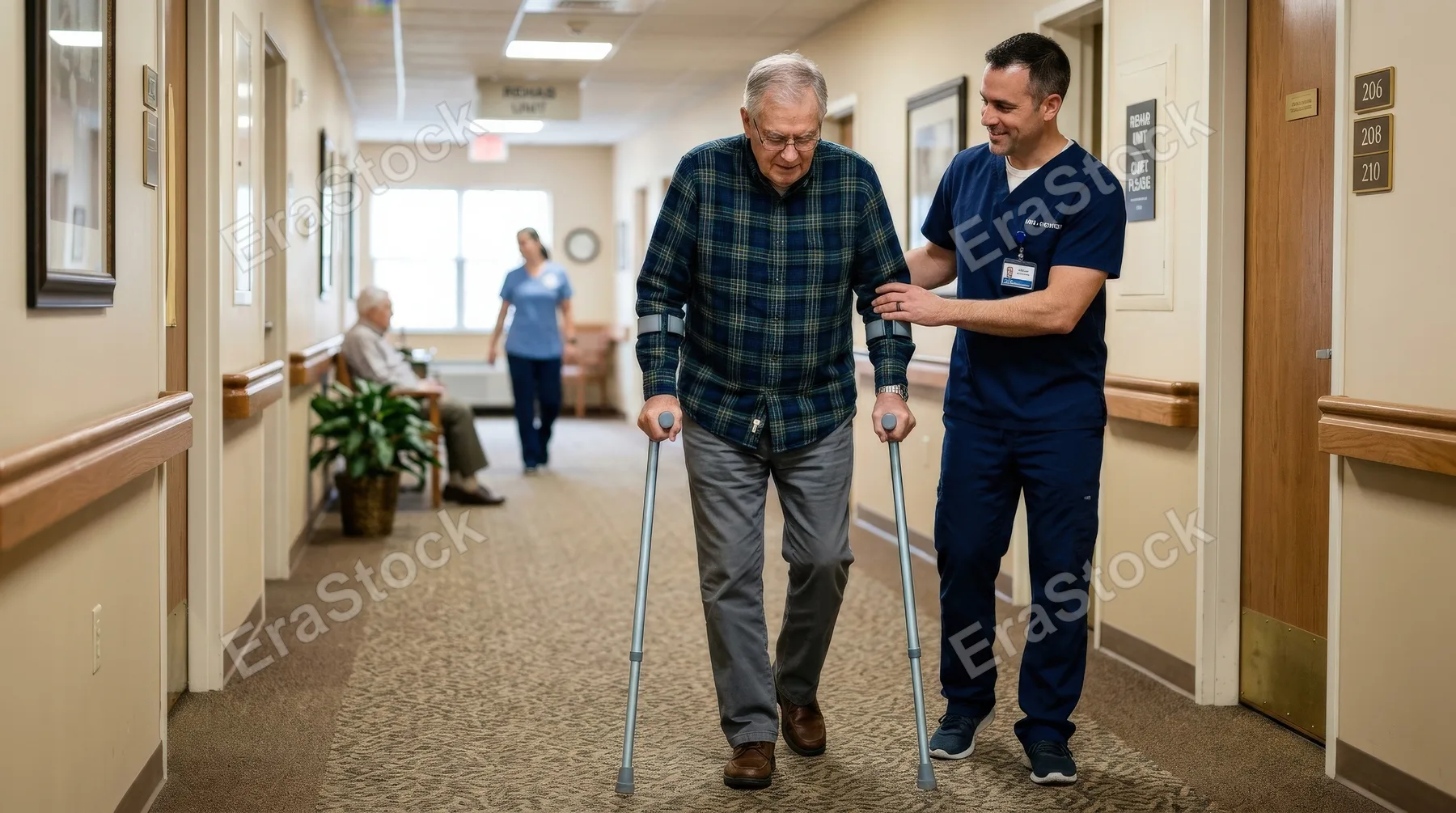 A male therapist assisting a senior man walking with crutches in a nursing home corridor, supportive body language, soft clinical light, compassionate rehabilitation atmosphere, ultra-realistic, no