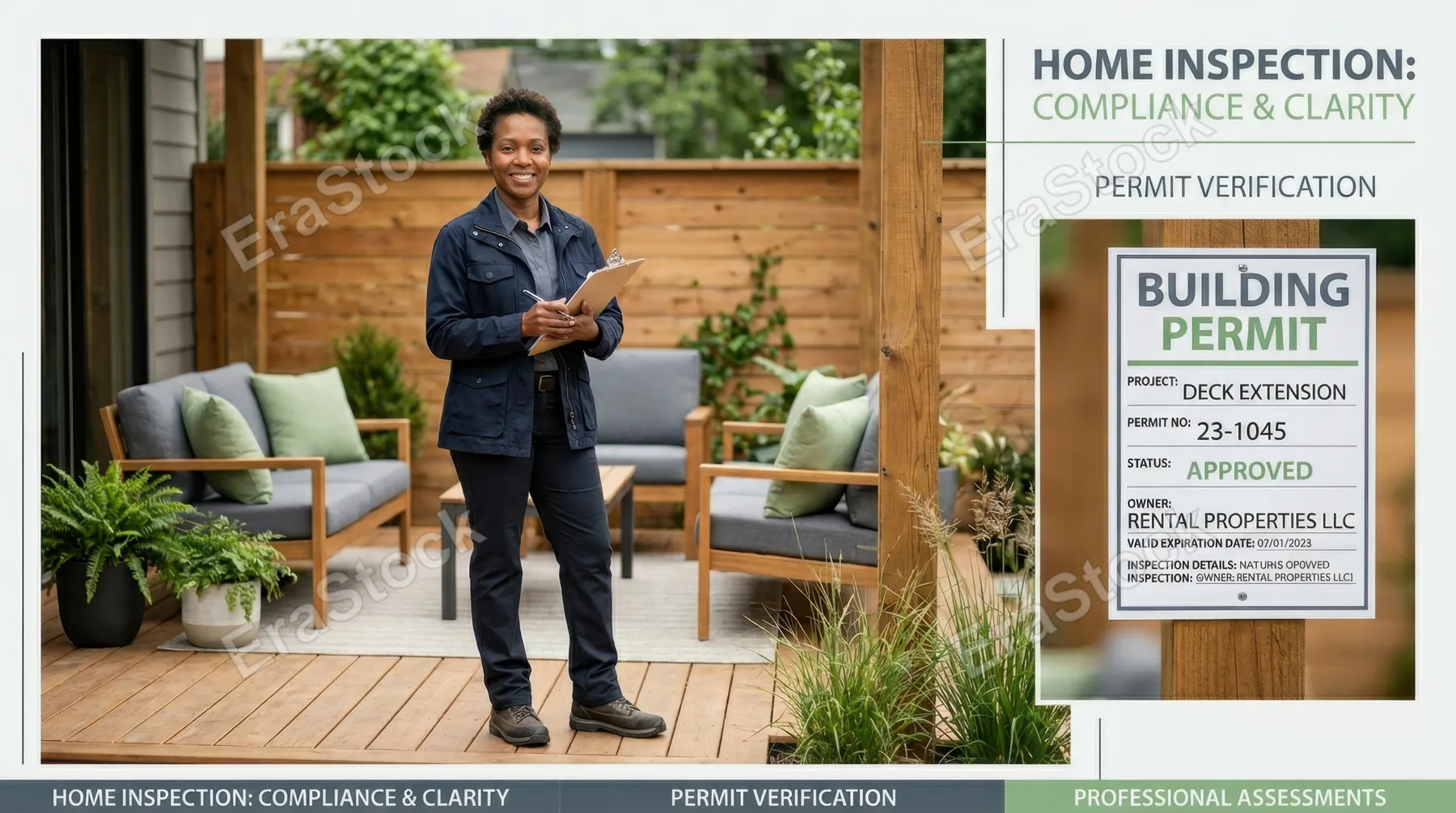 the 44-year-old black female home inspector poses thoughtfully in the inviting rental patio, emphasizing the permit board in a graphic commercial composition. with