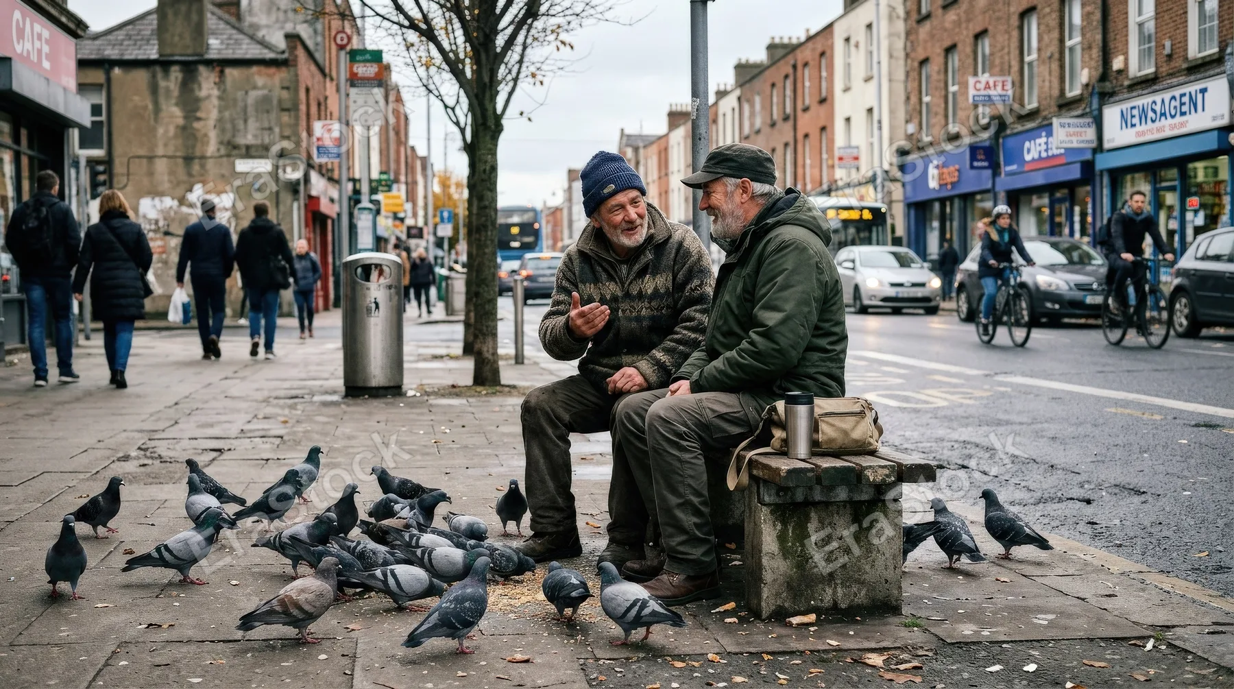 Two men sitting by the roadside talking while pigeons gather around them, everyday urban setting with candid interaction and soft atmospheric detail, ultra-realistic, no logos.