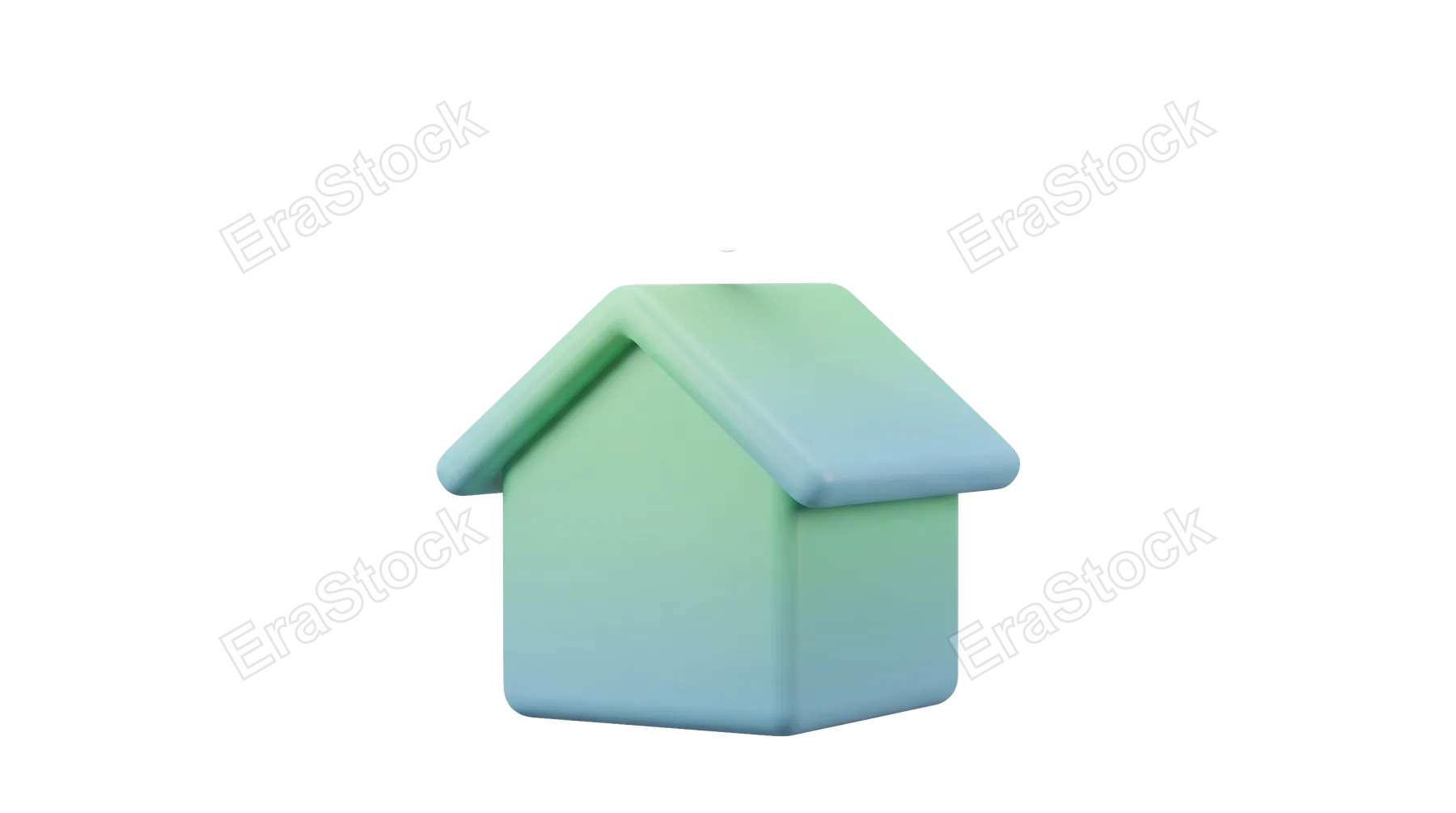 A minimalist 3D rendering of a house symbol, featuring a smooth gradient from light green to light blue, isolated on a white background
