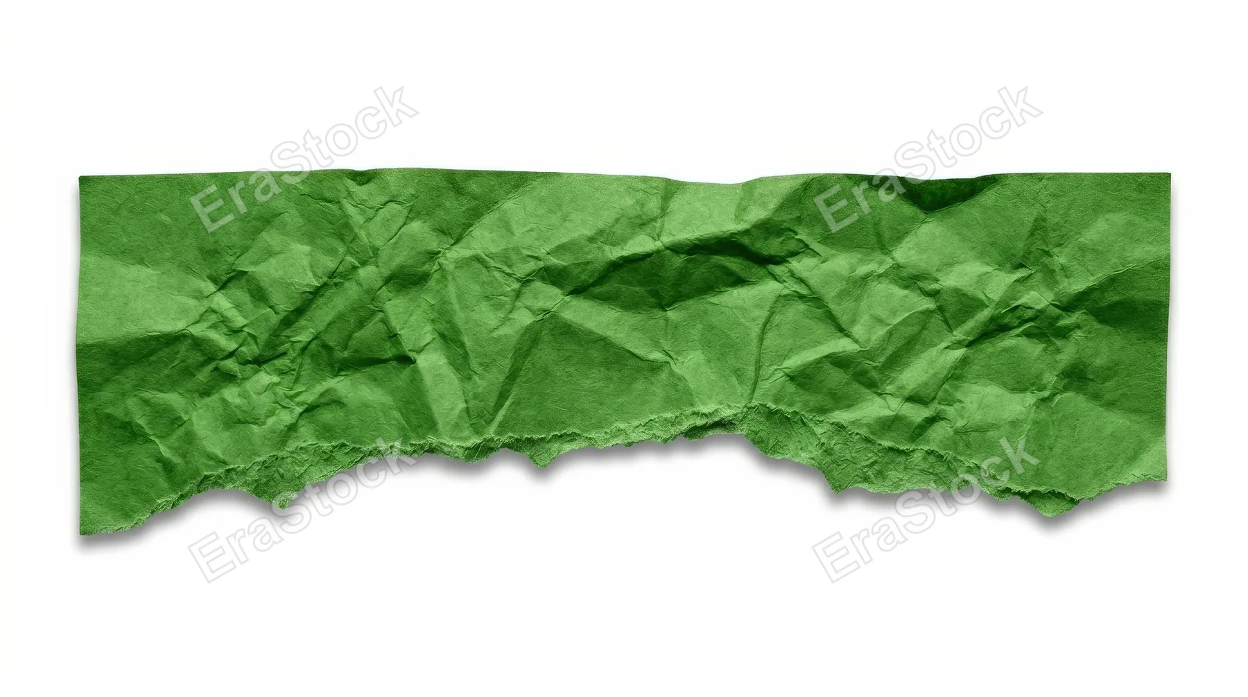 A ragged horizontal edge of vibrant green crumpled paper on a transparent background, natural creases and subtle shadows with fresh realistic texture, ultra-realistic, no logos.