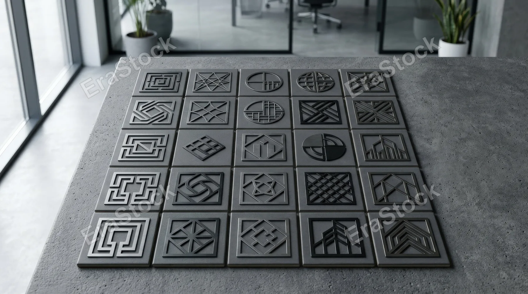A collection of abstract square-based symbols with modern geometric balance for branding and technology aesthetics, clean structured styling, ultra-realistic, no logos.