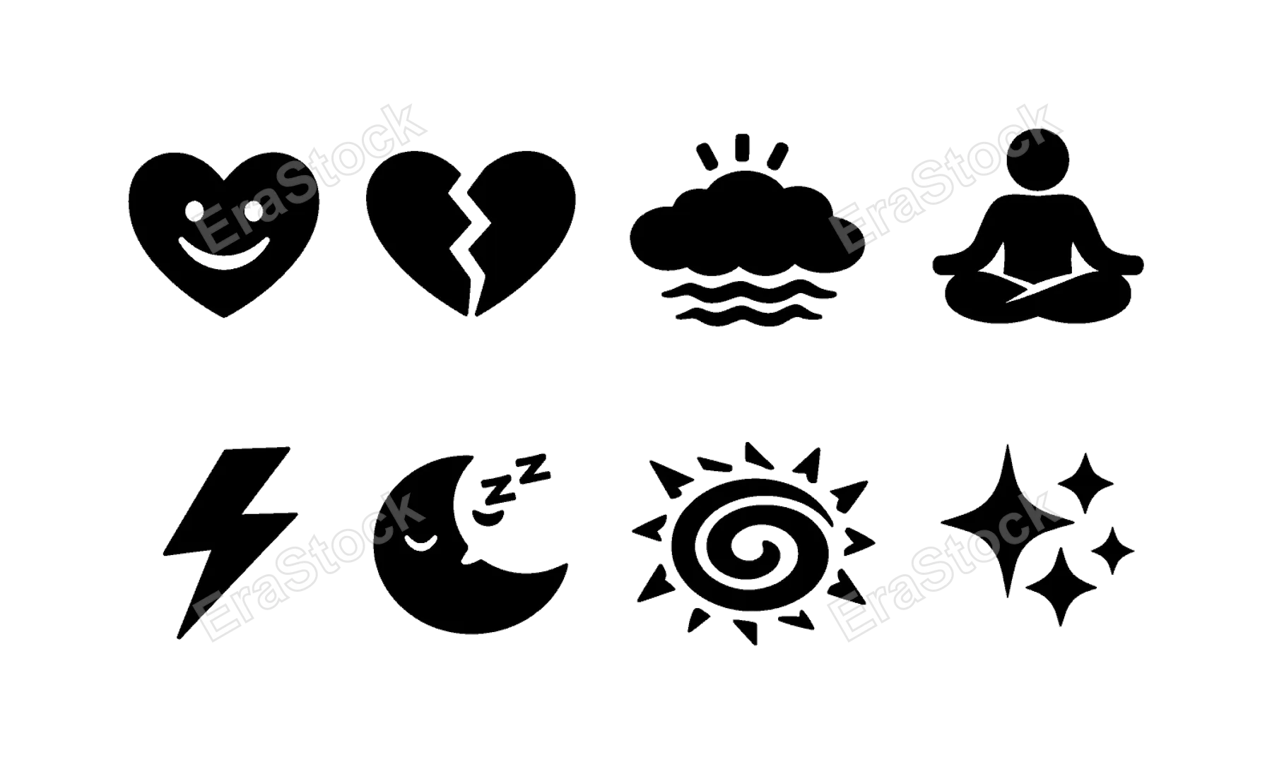 Mood states: heart smile, broken heart, stress cloud, zen lotus, energy lightning, sleepy moon, anxiety swirl, joy sparkles.