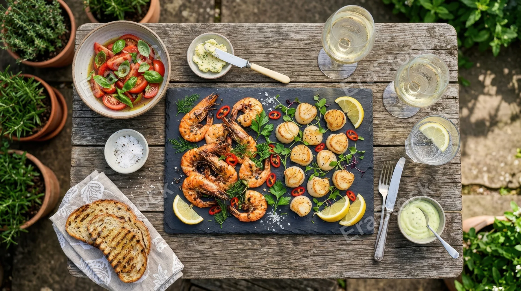 an overhead flat lay of the rustic garden table displaying colorful seafood dishes on a slate platter, featuring shrimp and scallops with vibrant garnishes, emphasizing