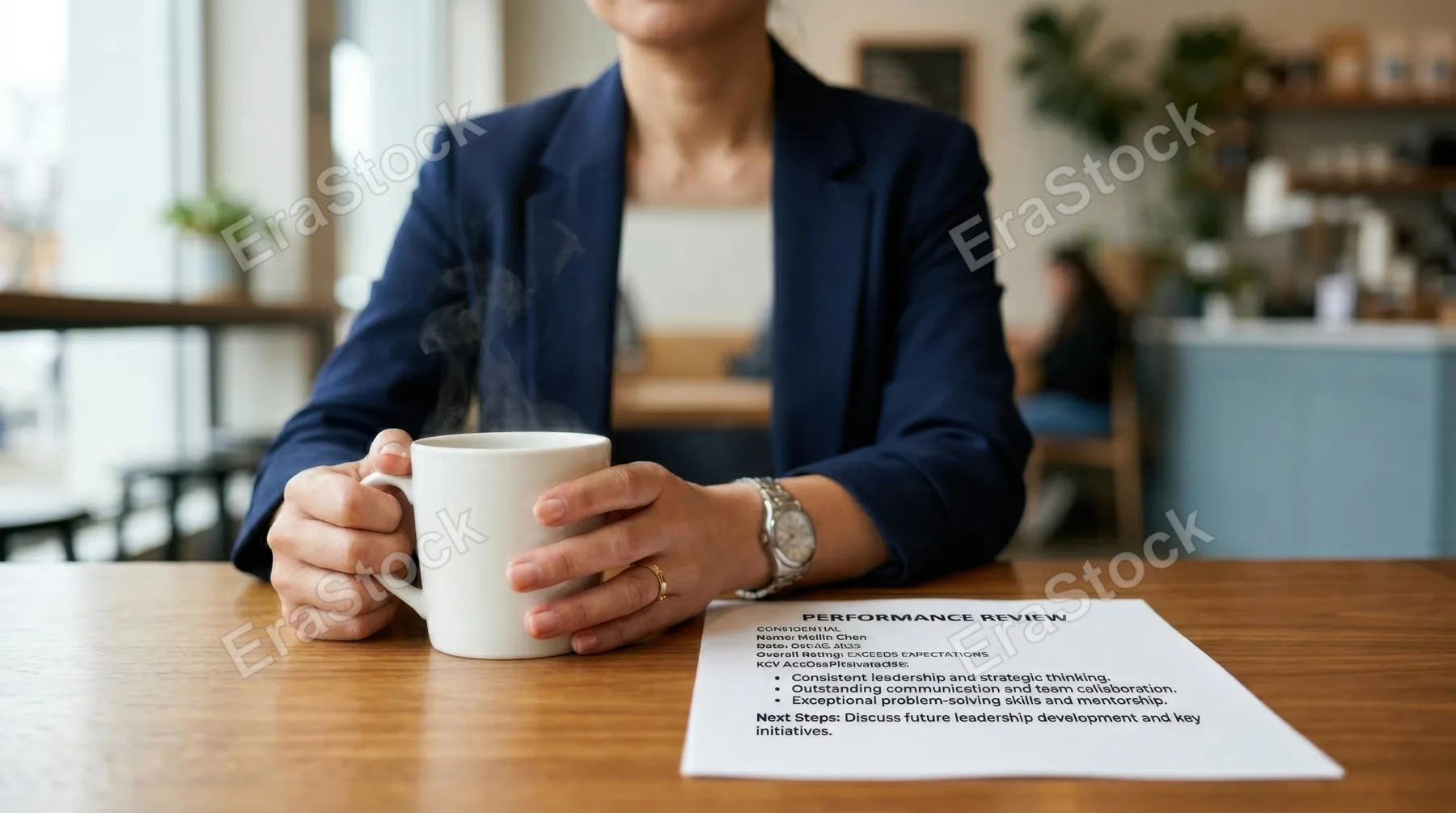 in a clean and bold advertisement-style composition, a 40-year-old east asian female hr manager's hands hold a steaming cup of coffee next to a clear printed performance