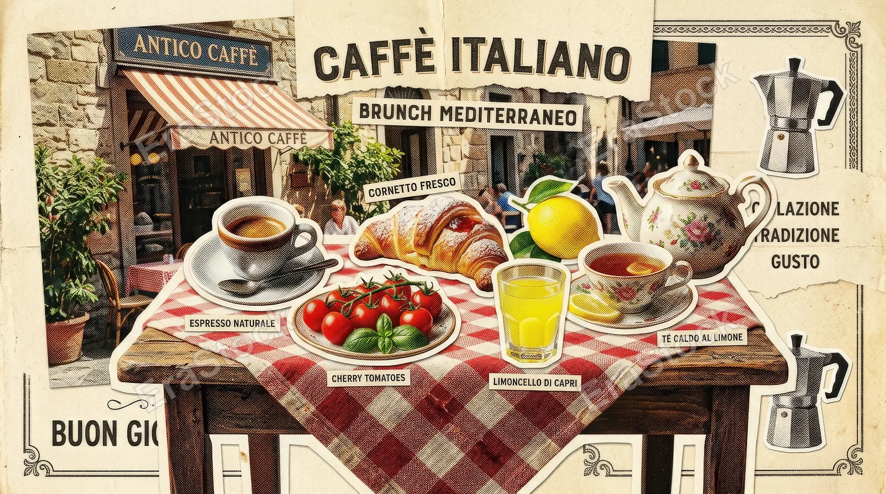 An Italian brunch halftone collage with coffee, lemon, limoncello glass, croissant, tomato and tea, cutout vintage café styling with warm Mediterranean breakfast mood, ultra-realistic, no logos.