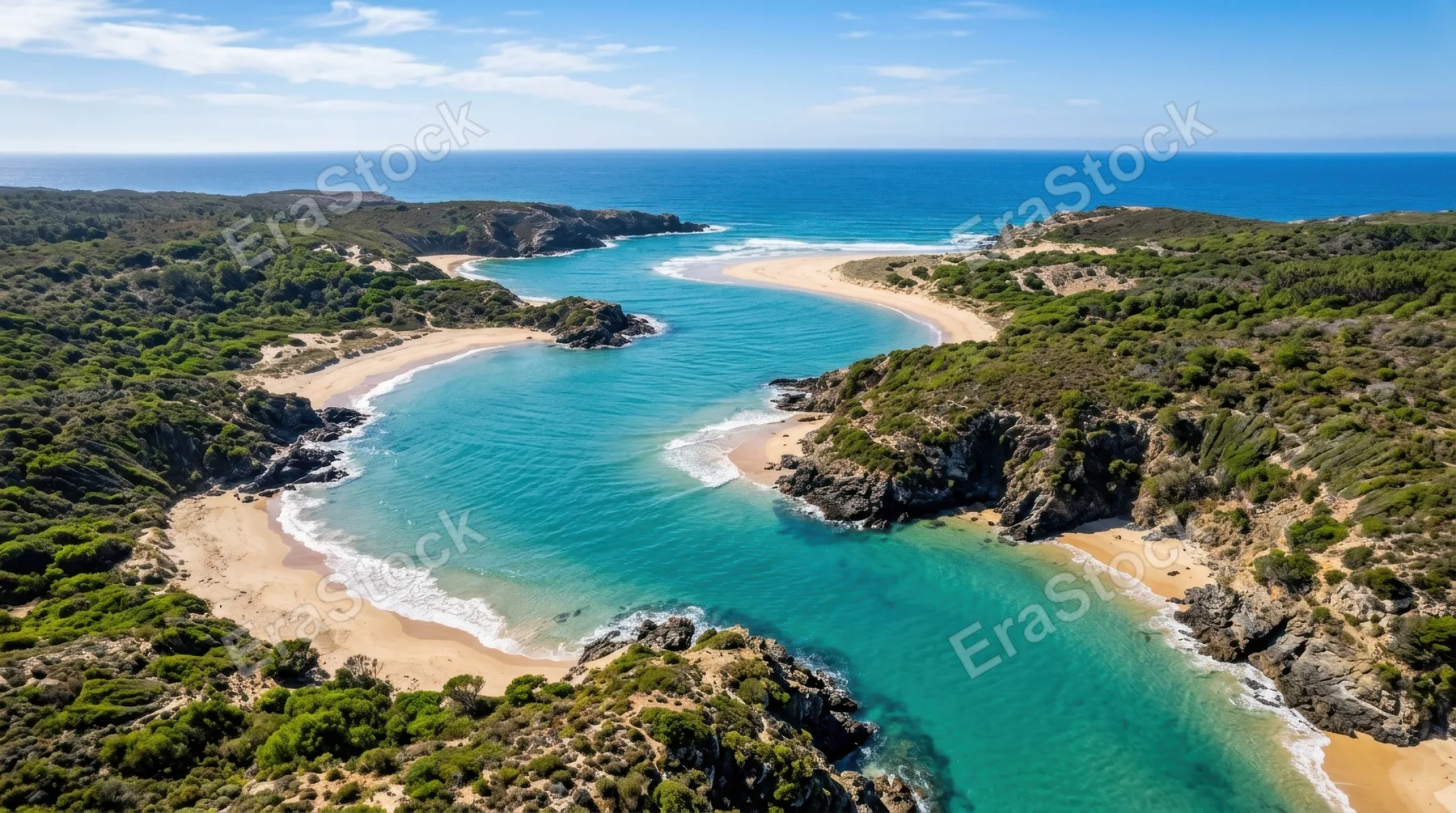 Aerial view of a winding coastal inlet with turquoise water cutting through sandy shores and rocky edges, gentle waves forming patterns along the coastline, scattered
