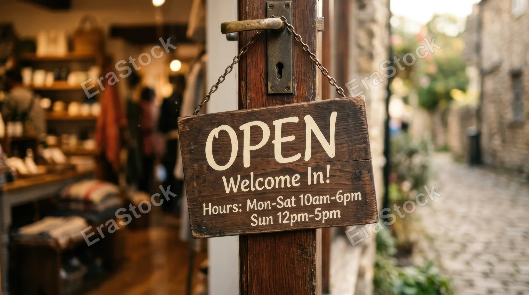 A close-up of an open shop sign gently swinging on a door, shallow depth of field blurring the background, soft sunlight highlighting edges and text, composition