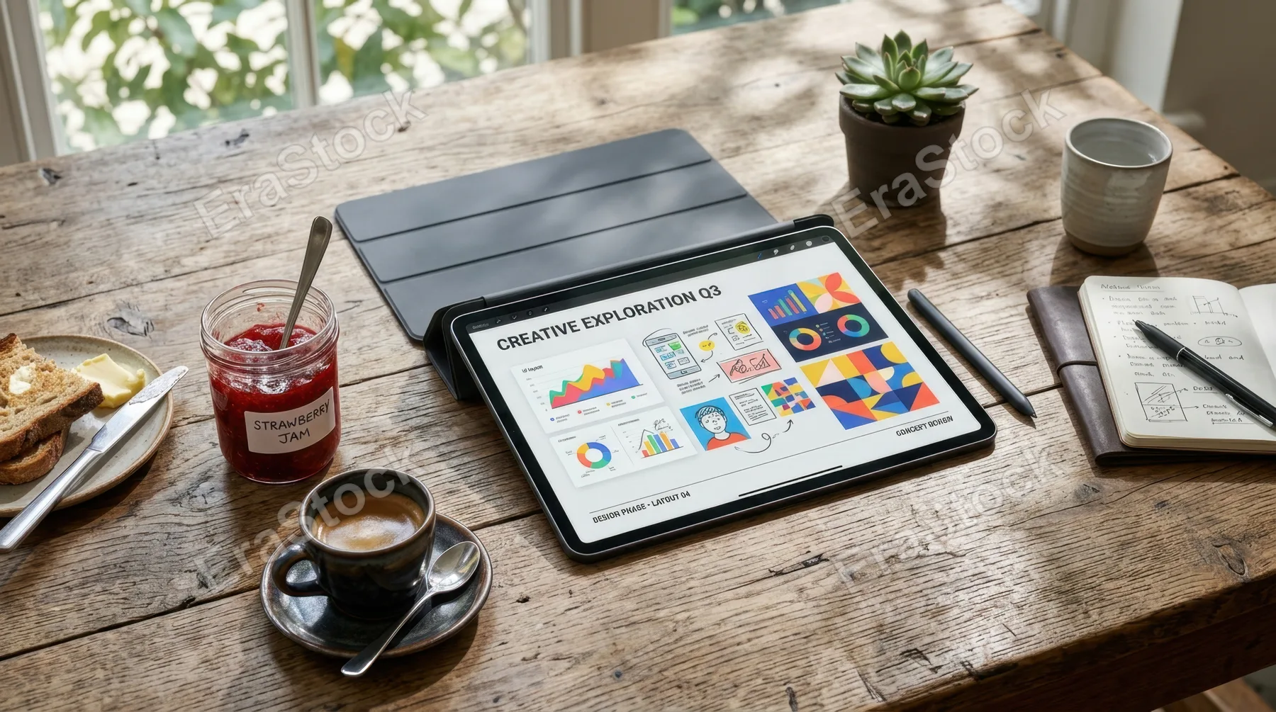 a distinct angle from above as the portfolio tablet lies partially open on the weathered wood table, contrasting the vibrant graphics with the rich espresso cup and