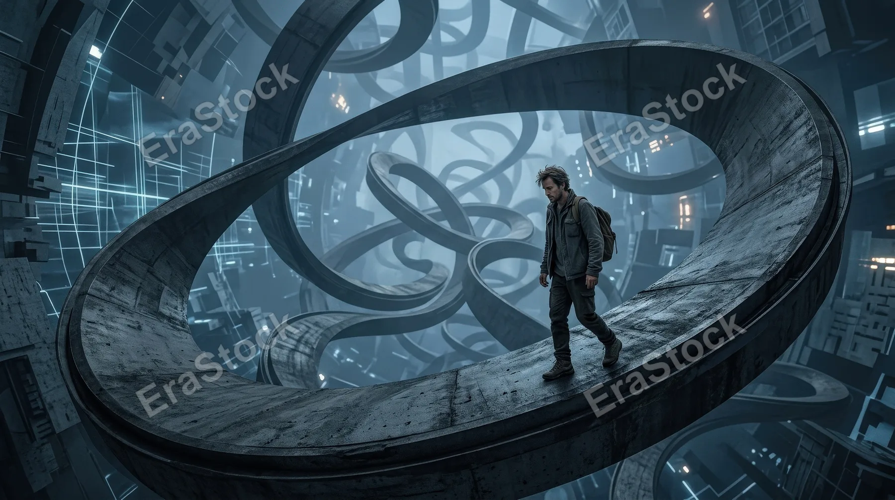 A man walking on a Möbius-strip-like path in an abstract open space, seamless twisted surface, cool tones, mood of paradox, confusion and endless mental loops, ultra-realistic, no logos.