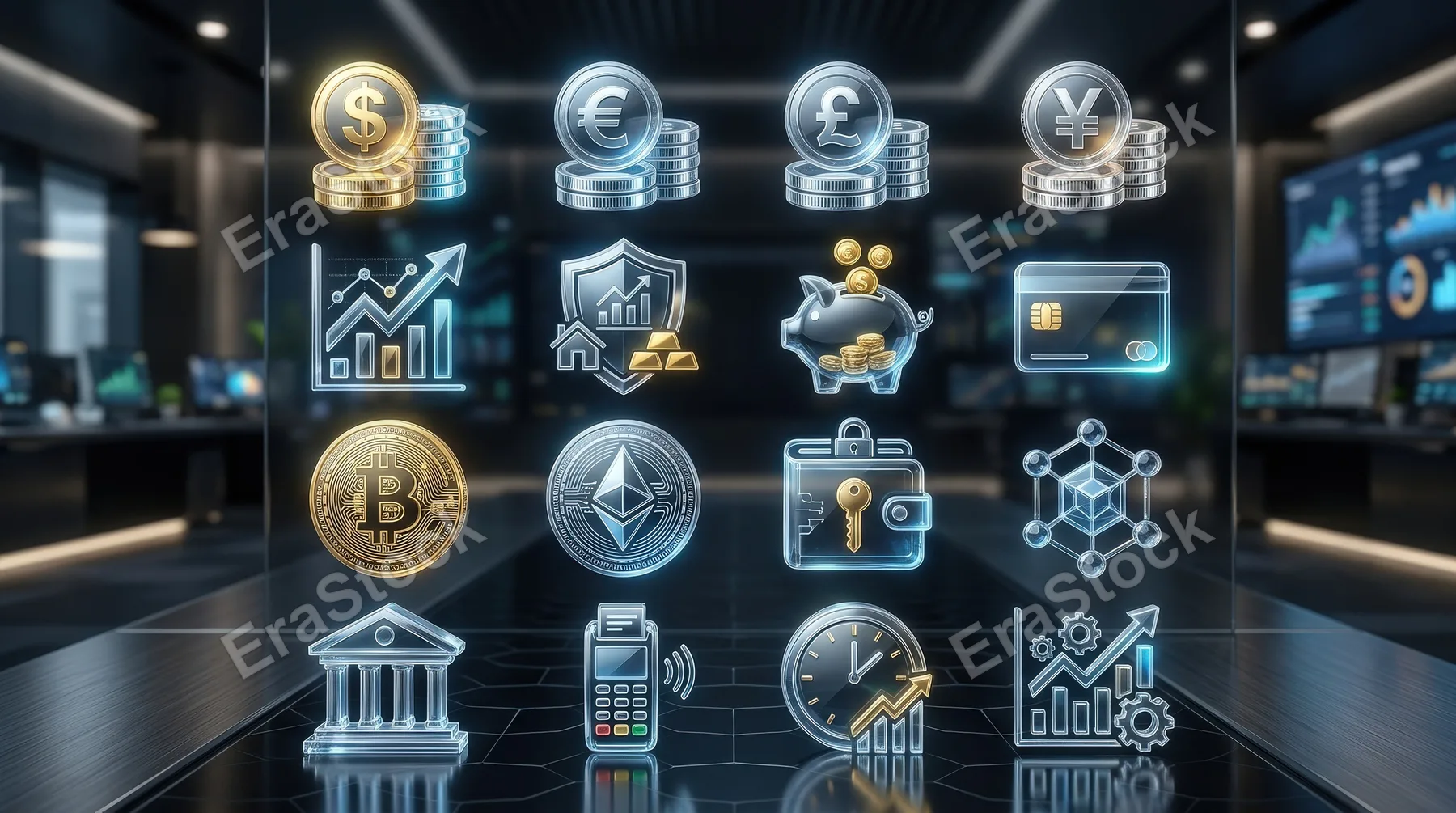 A crystal-clear finance icon set with money, currency, investment, and cryptocurrency symbols, glossy futuristic surfaces, premium fintech atmosphere, ultra-realistic, no logos.
