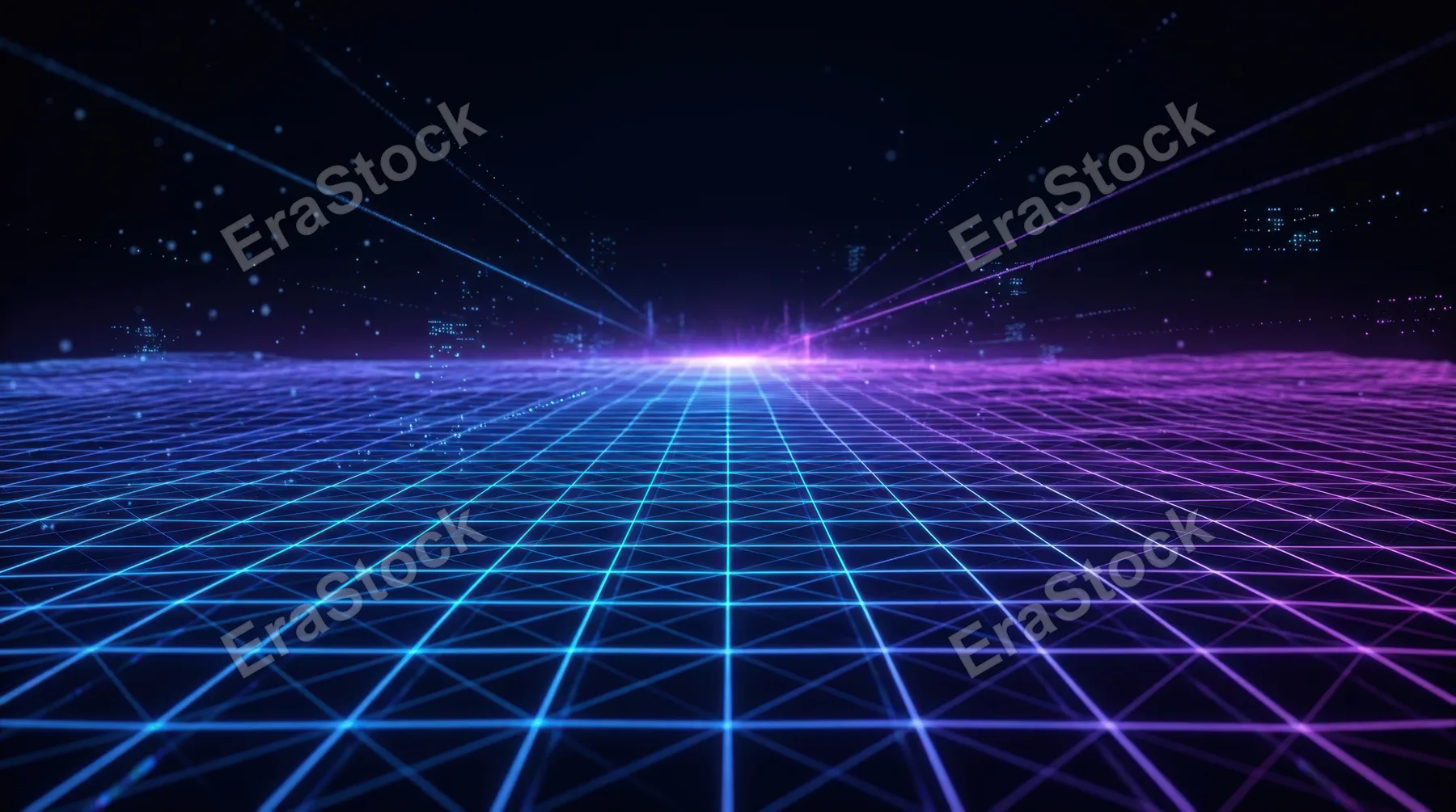 Futuristic digital grid extending toward the horizon, glowing lines forming a perspective plane under a dark sky, subtle particles floating in the air, gradient colors