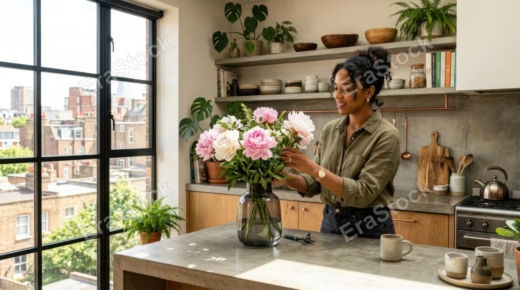 in a cozy, sunlit kitchen, a 30-year-old black female interior designer is carefully arranging oversized peonies in a sleek vase. the scene captures the entire kitchen