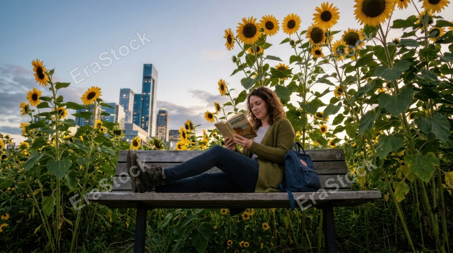 an angled view from slightly below the bench, showcasing the commuter sitting comfortably amidst the towering sunflowers, with a modern cityscape behind her. the light