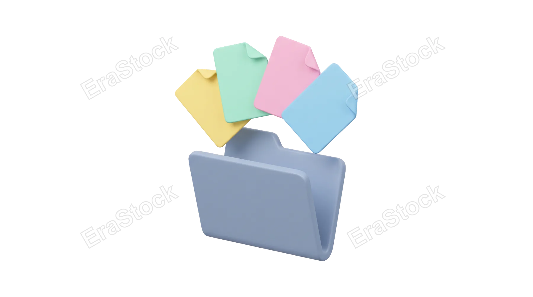 A minimalist 3D render of an open file folder with pastel colored papers floating out, symbolizing organization and data management