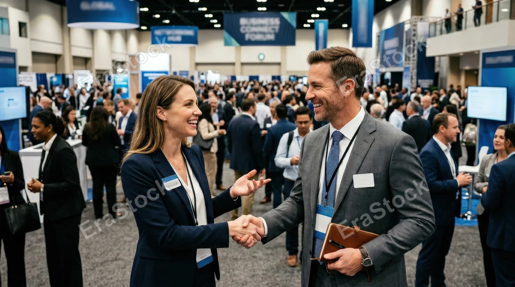 Happy male and female business professionals networking at a convention center, business attire, lively hall, handshake and conversation, ambitious social atmosphere, ultra-realistic, no logos.