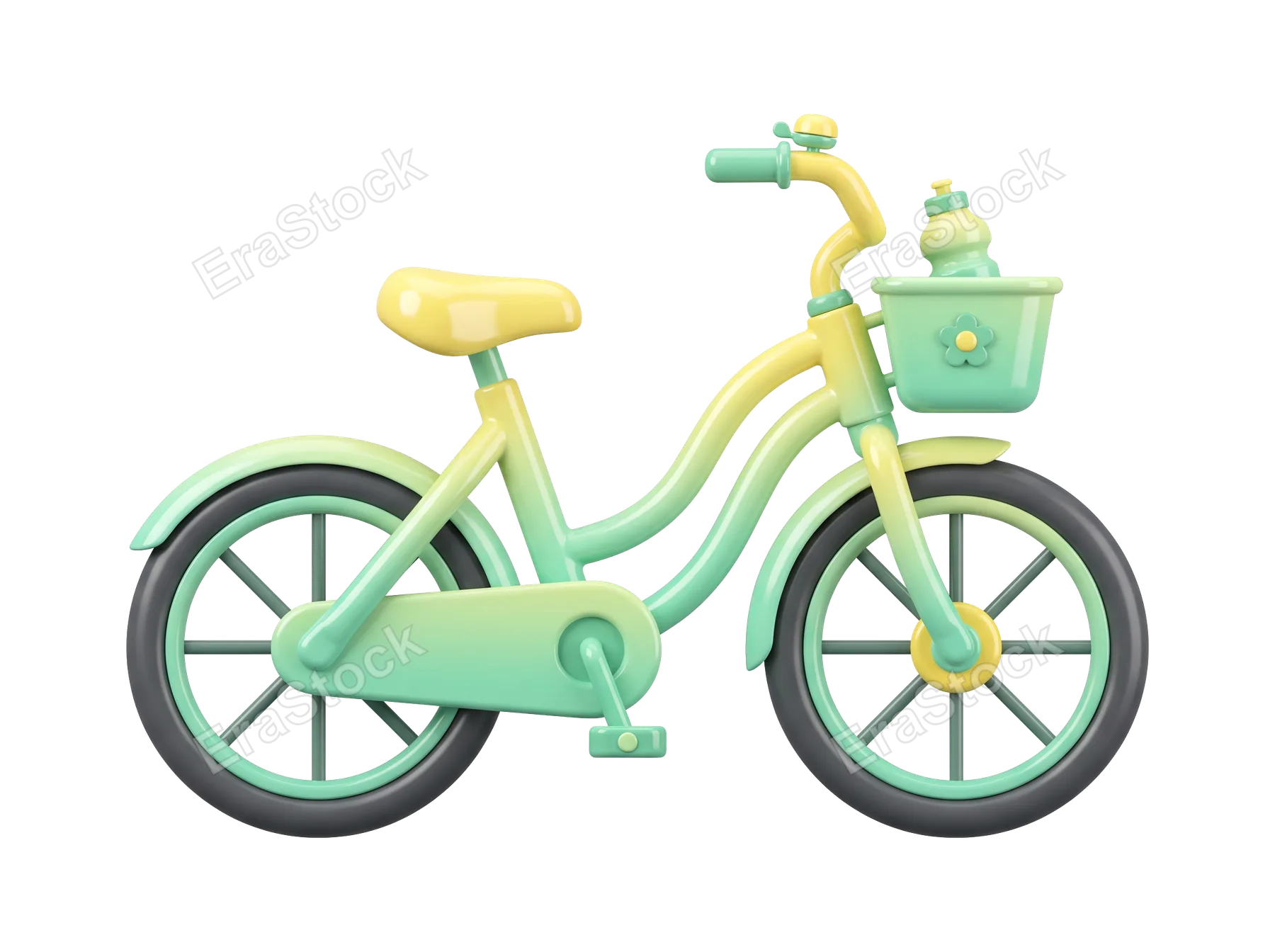 A charming, cartoon-style bicycle features a pastel gradient, a front basket with a flower emblem, and a water bottle, ideal for children's themes
