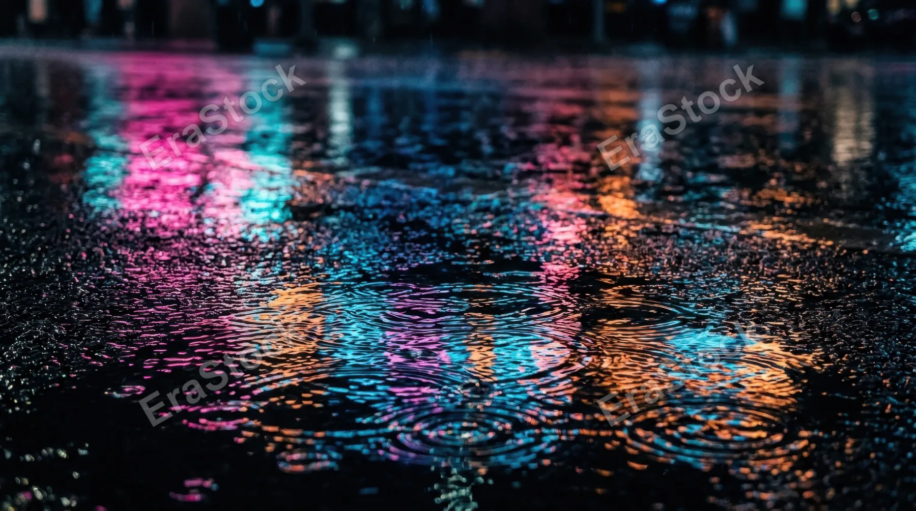 Neon light reflections shimmering across a wet urban street surface at night, electric pink and cyan streaks stretching and rippling in shallow puddles, rain droplets