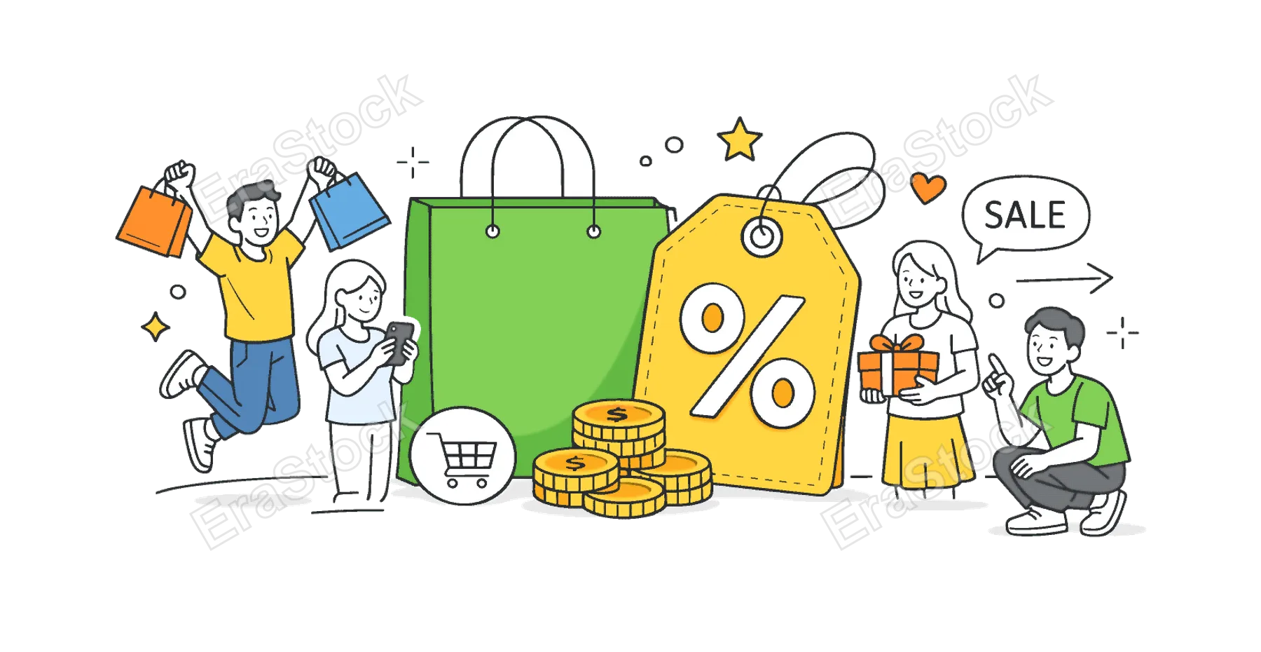 Discount sale event in a retail or online shopping context where customers take advantage of reduced prices and special offers, represented by a price tag with a