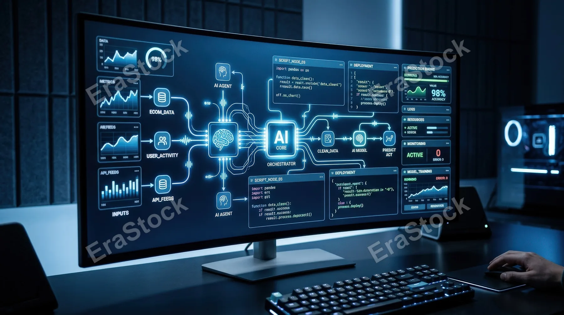 A close-up of an AI automation workflow on a sleek digital display, an intelligent agent linking data streams, code windows, and tool panels with glowing connectors, polished futuristic workspace,