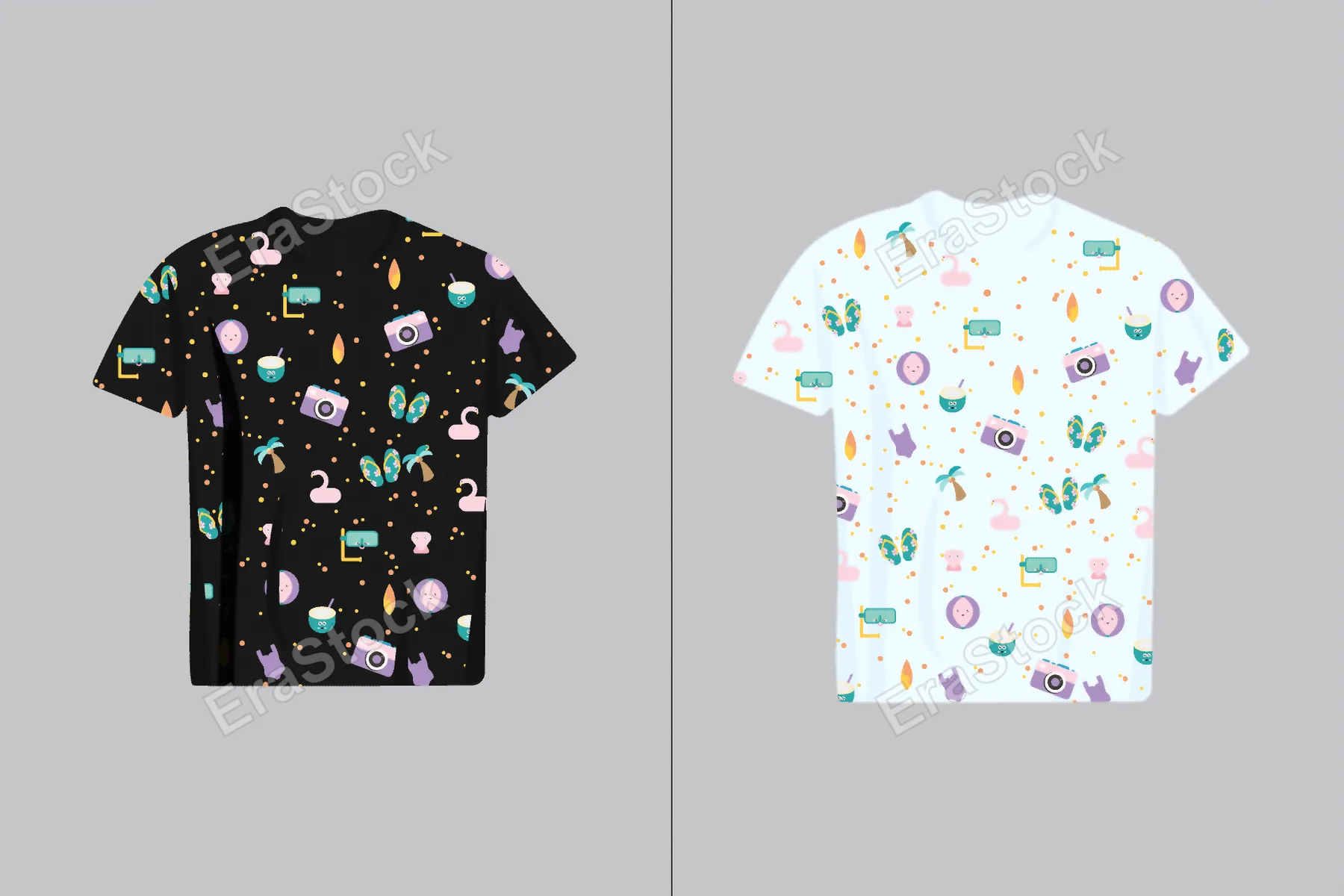 Two t-shirts, one black and one white, feature a repeating pattern of summer vacation icons like cameras, flip-flops, and flamingos