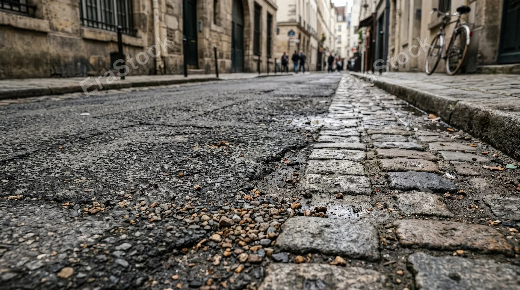 Detailed cobblestone and asphalt surface with gravel and stone grit, rugged street texture, realistic urban atmosphere, ultra-realistic, no logos.