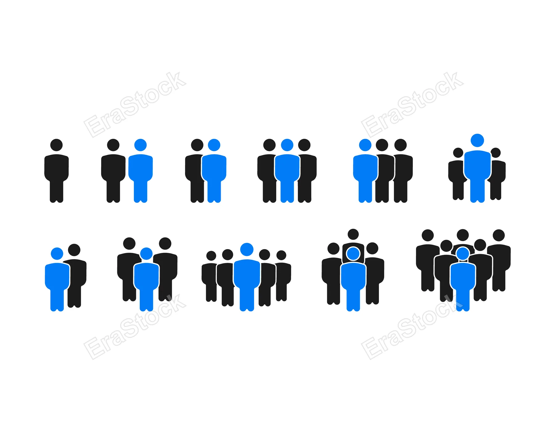 A set of stylized human figures in blue and black illustrates various group sizes, from individuals to larger gatherings