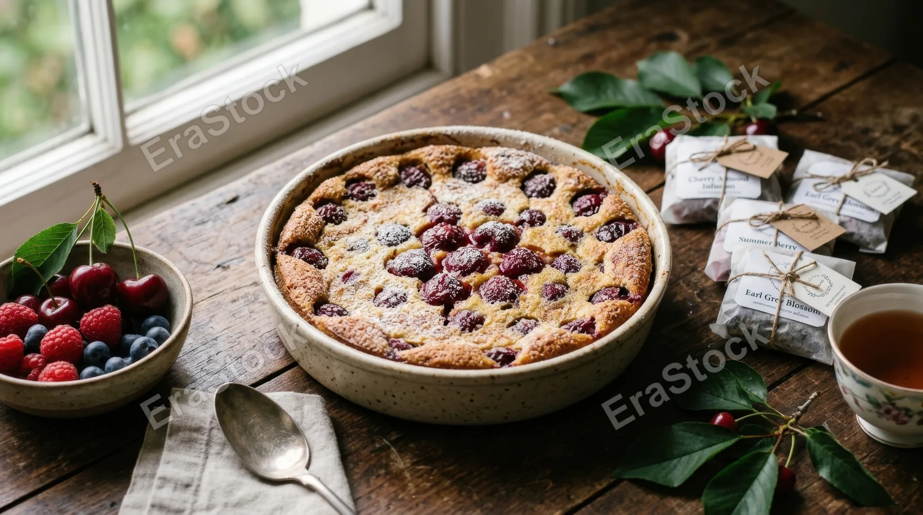 a close-up view focuses on the texture of the freshly baked cherry clafoutis, highlighting its golden crust and juicy filling. surrounding it, artfully arranged tea