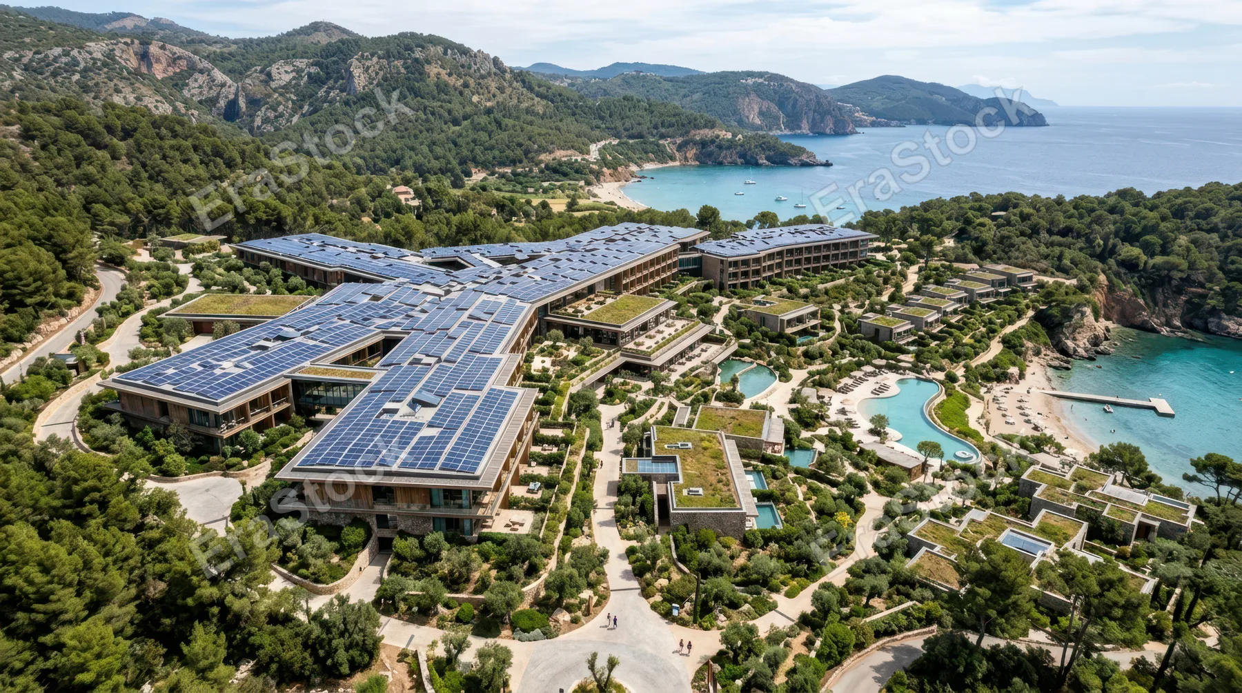 Aerial drone view of sprawling eco-resort with massive rooftop solar array stretching across multiple interconnected structures, geometric patterns of blue and black