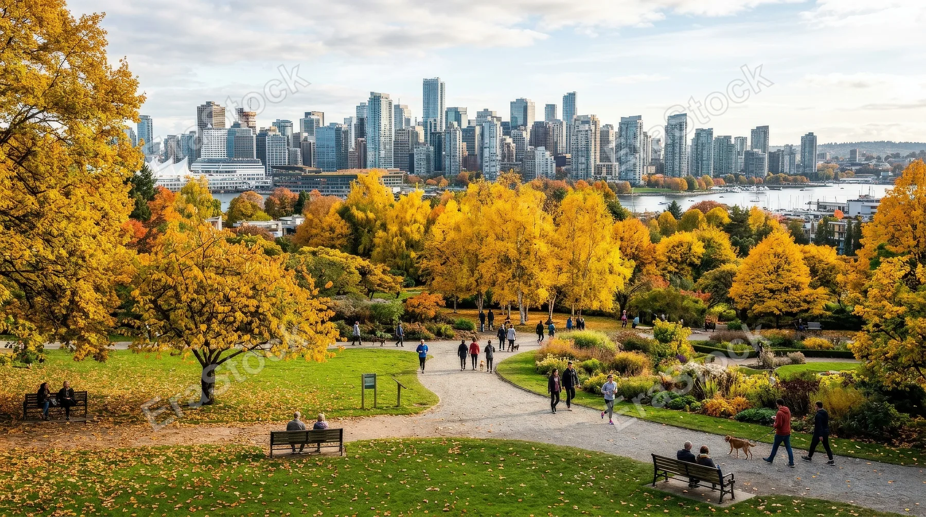 A public autumn garden in the city with yellow trees, grass and skyline in the background, wide panoramic park view, ultra-realistic, no logos.