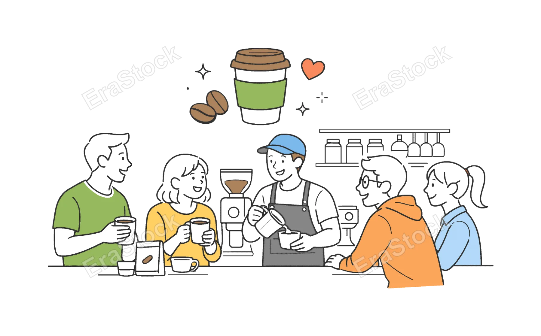 A modern cafe workplace scene where a barista prepares specialty coffee while chatting with customers at a small neighborhood coffee shop, illustrated through a visual metaphor of