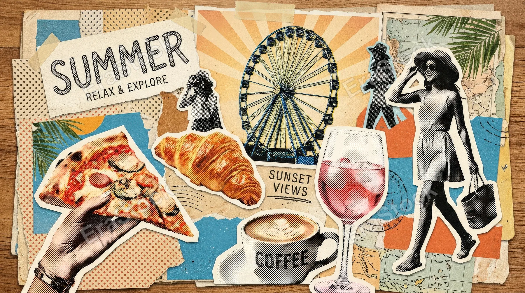 A summer holiday halftone collage set with pizza slice, wine glass, coffee cup, croissant, Ferris wheel and stylish female silhouettes, sun-washed travel energy, dotted paper textures, playful leisure