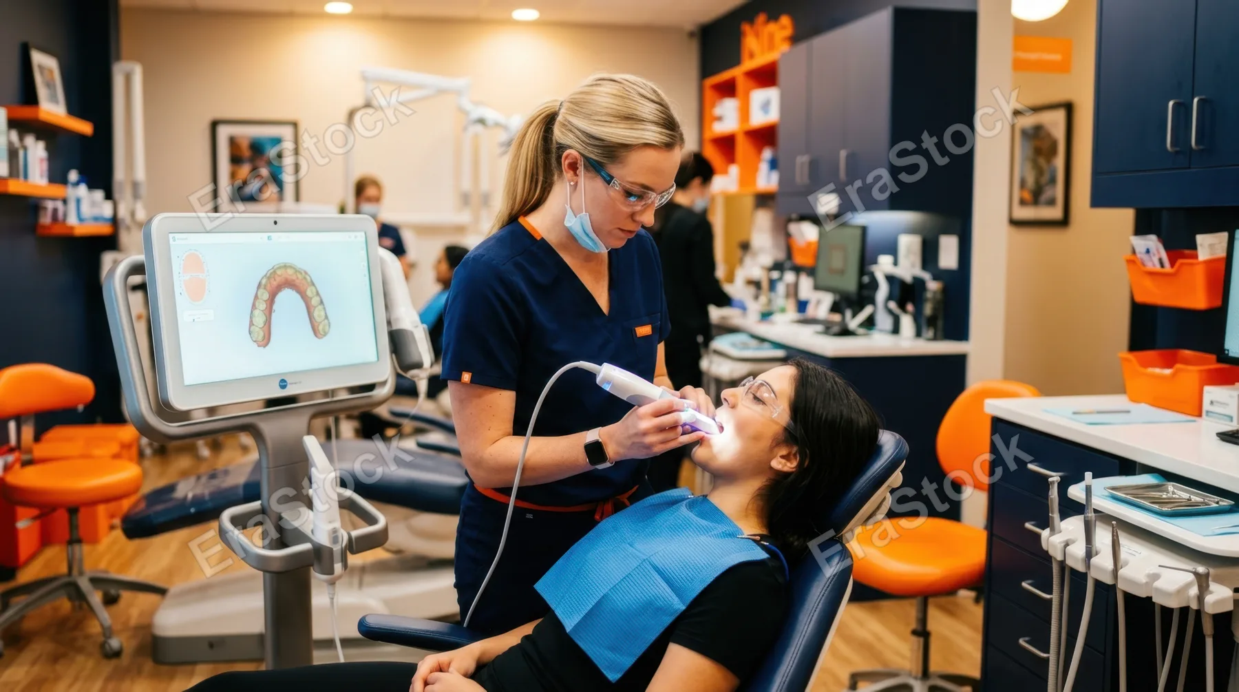 a vibrant contemporary dental office scene featuring a 28-year-old white female orthodontist focused intently on an intraoral scanner as she scans a patient's teeth. the