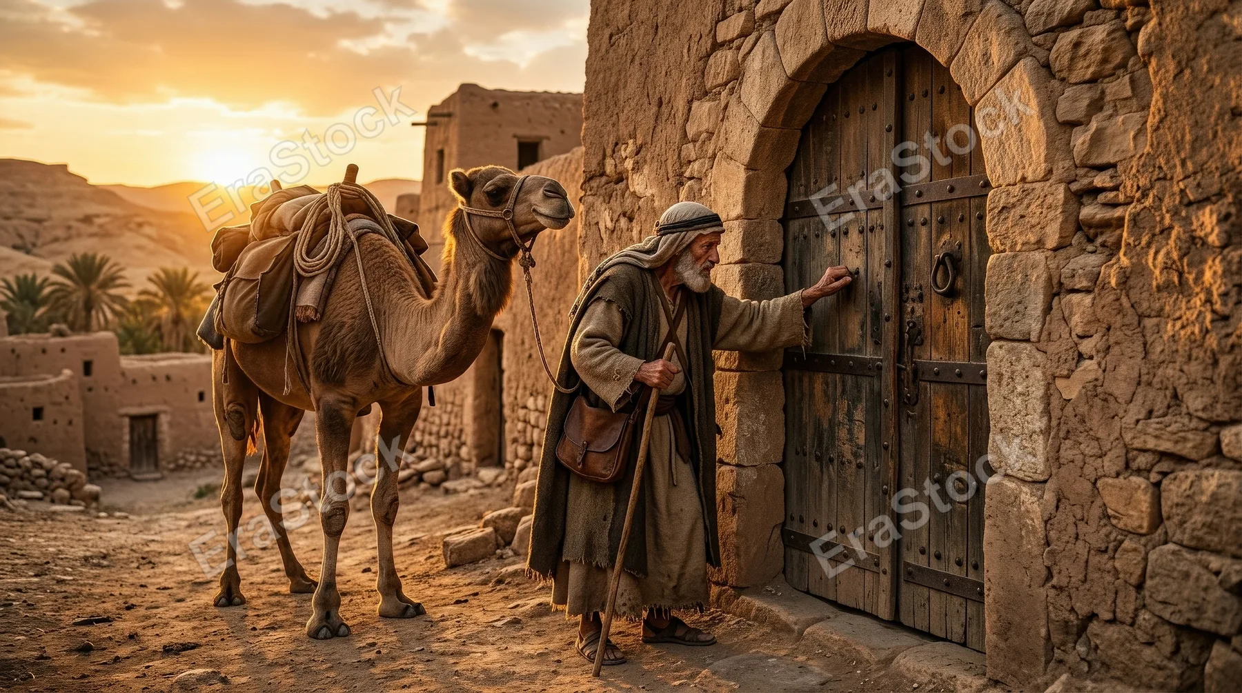 An old man with a camel knocking on an ancient wooden door at sunset, biblical historical scene, weathered stone walls, golden desert light, contemplative parable-like atmosphere, ultra-realistic, no