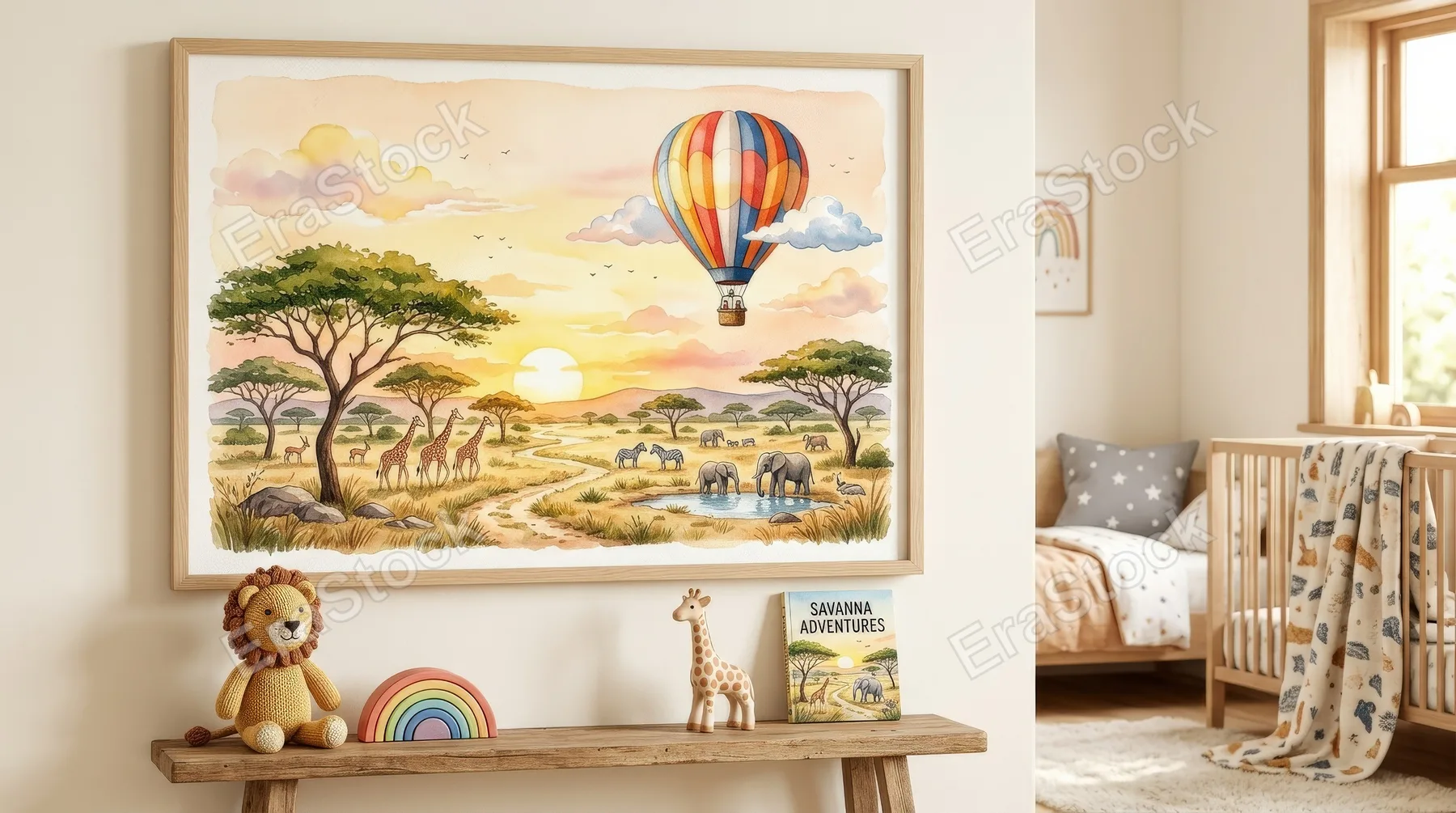 A cute watercolor savanna landscape with trees, sun and hot air balloon, warm child-room scenery, airy adventurous mood, ultra-realistic, no logos.