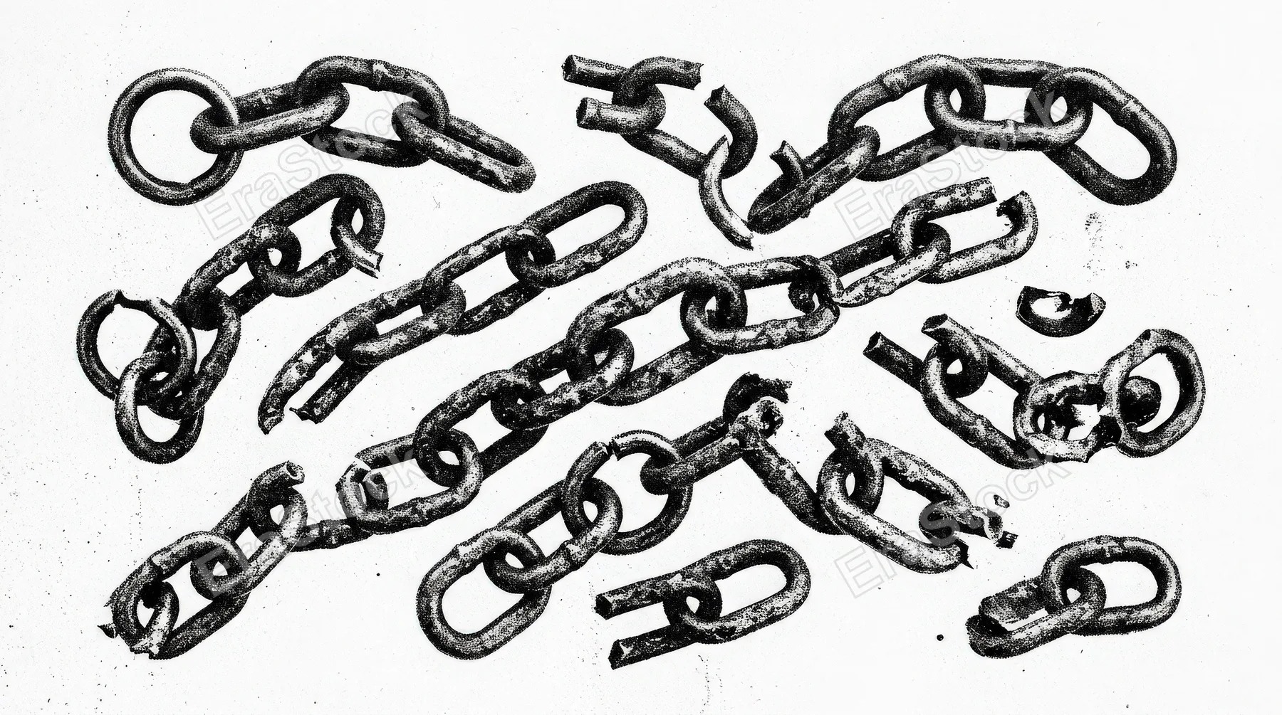 Distressed broken metal chain fragments arranged as gritty monochrome clip art, rough photocopy grain, stippled black texture, edgy retro collage aesthetic on a clean isolated backdrop,