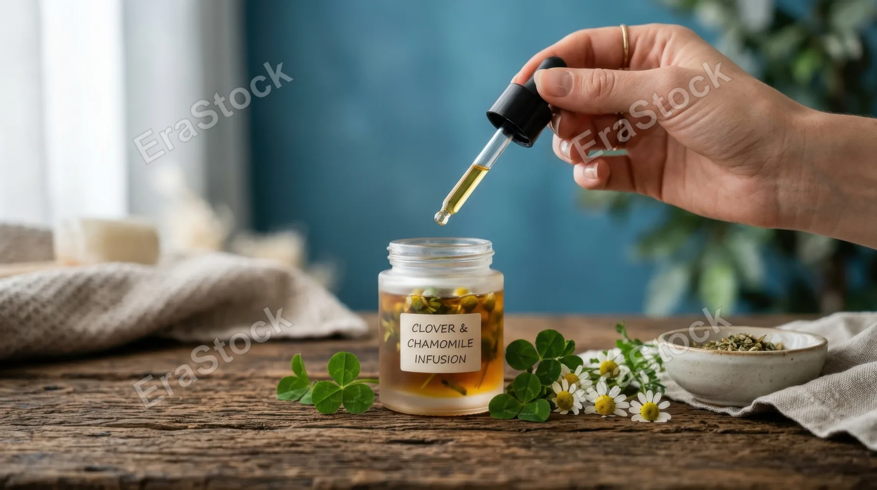a dynamic side-profile shot of the frosted dropper jar with clover and chamomile, arranged on a textured wooden surface, capturing the vibrant green and warm orange hues.
