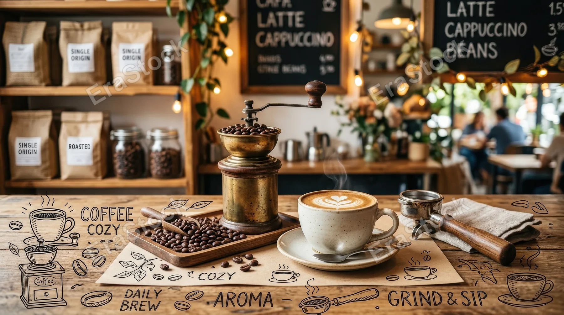 A coffee shop doodle-style set with grinder, cup, beans, and cozy café tools, warm aromatic mood, ultra-realistic, no logos.