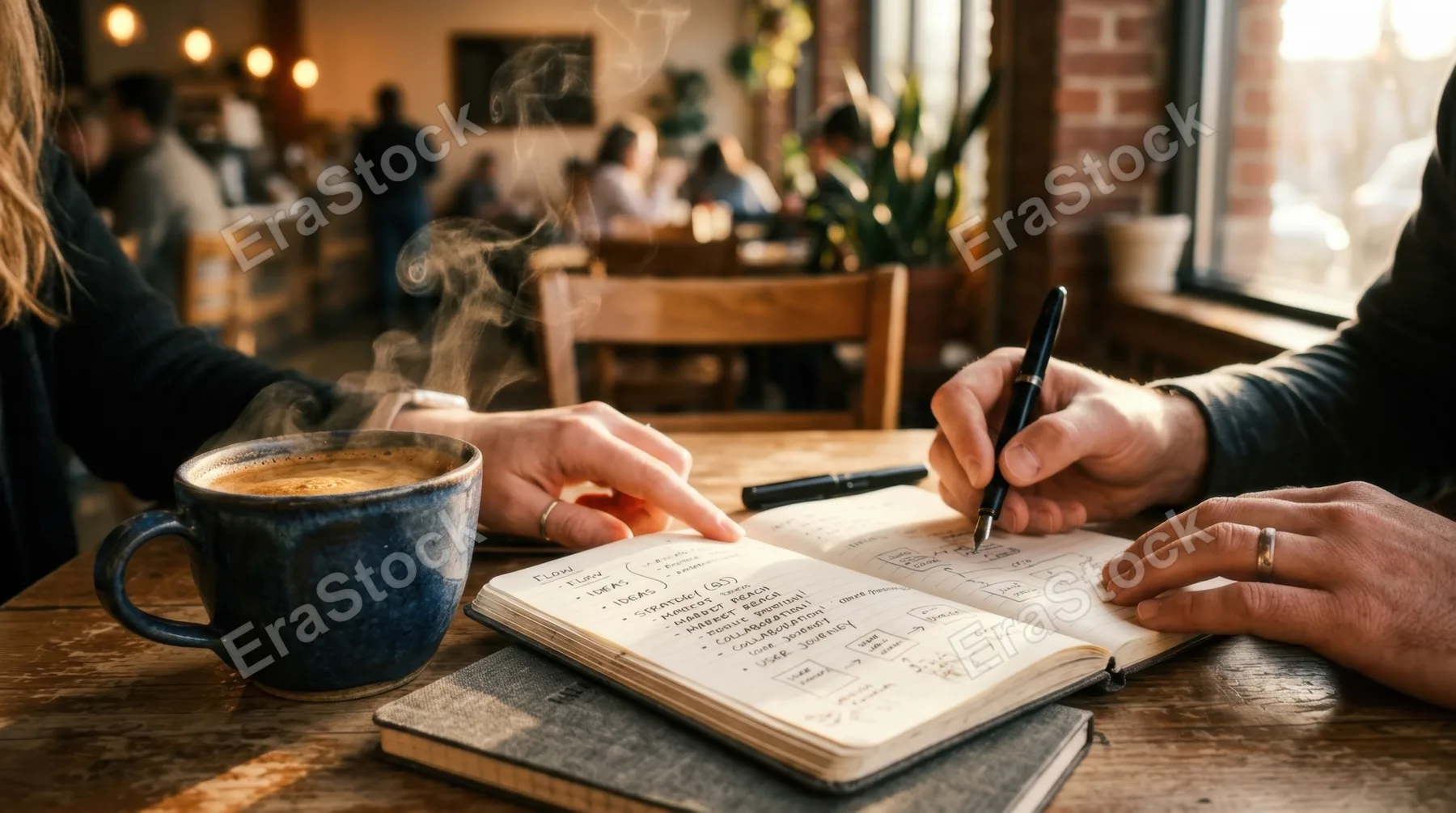 a close-up of a steaming cup of coffee sitting next to an open notebook, both subtly highlighted by soft golden hour light. the scene captures the rich coffee brown and