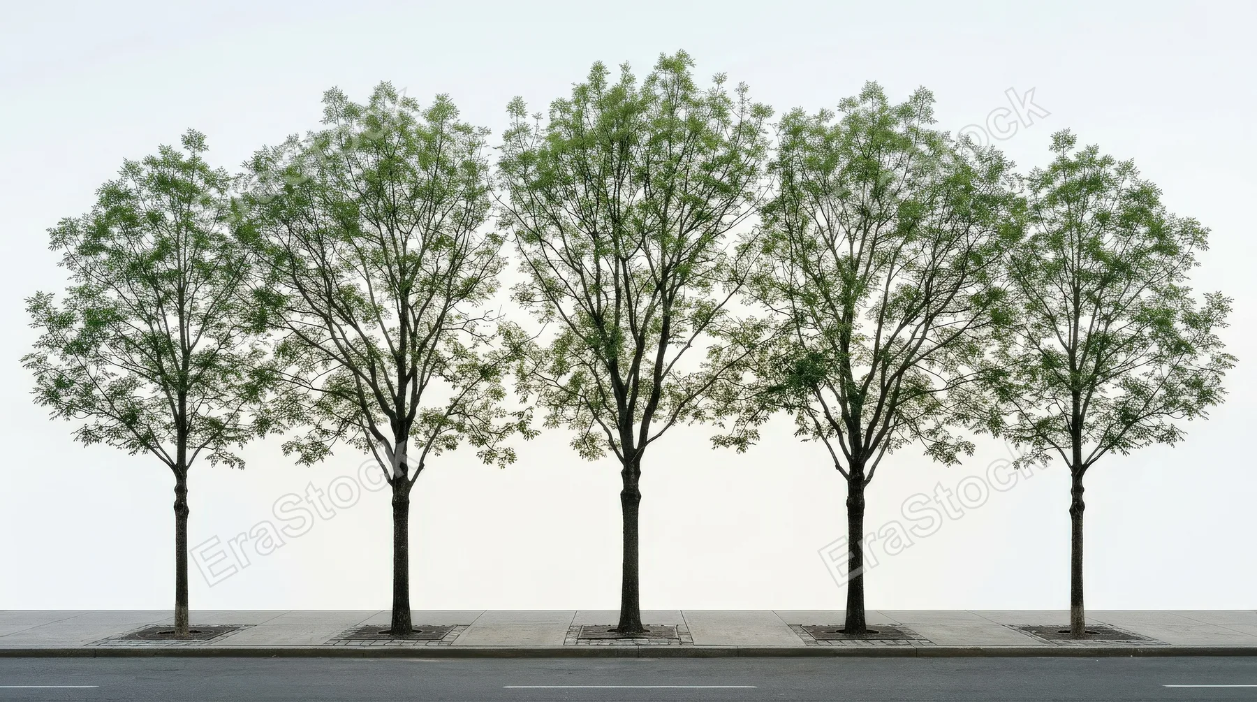 Ash street trees with balanced branching and airy foliage, frontal urban planting silhouettes isolated on a clean background, structured greenery in natural daylight, ultra-realistic, no logos.