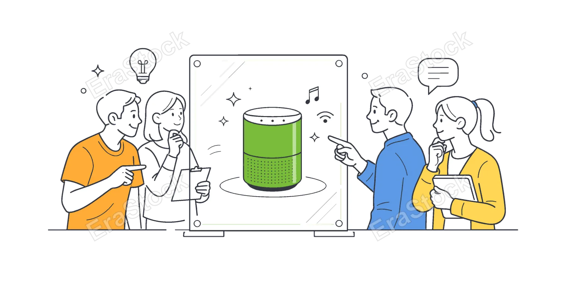 Individuals exploring showcased items or information through transparent glass interfaces in a modern setting, visualized with a metaphor of a simple glass panel