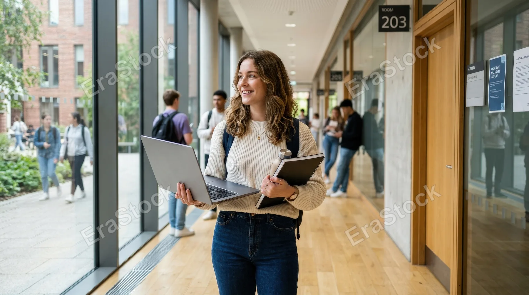 A smiling young woman holding a laptop and looking away while standing in a university corridor, soft daylight, modern campus interior, calm academic confidence, ultra-realistic, no logos.