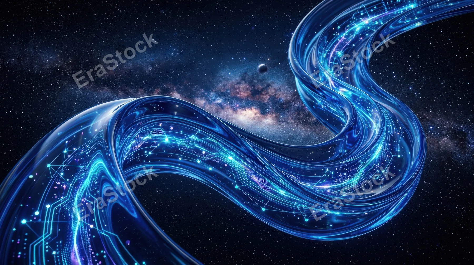 A deep blue glass fluid ribbon flowing through space, polished translucent curves and digital energy, sleek fintech innovation mood, ultra-realistic, no logos.
