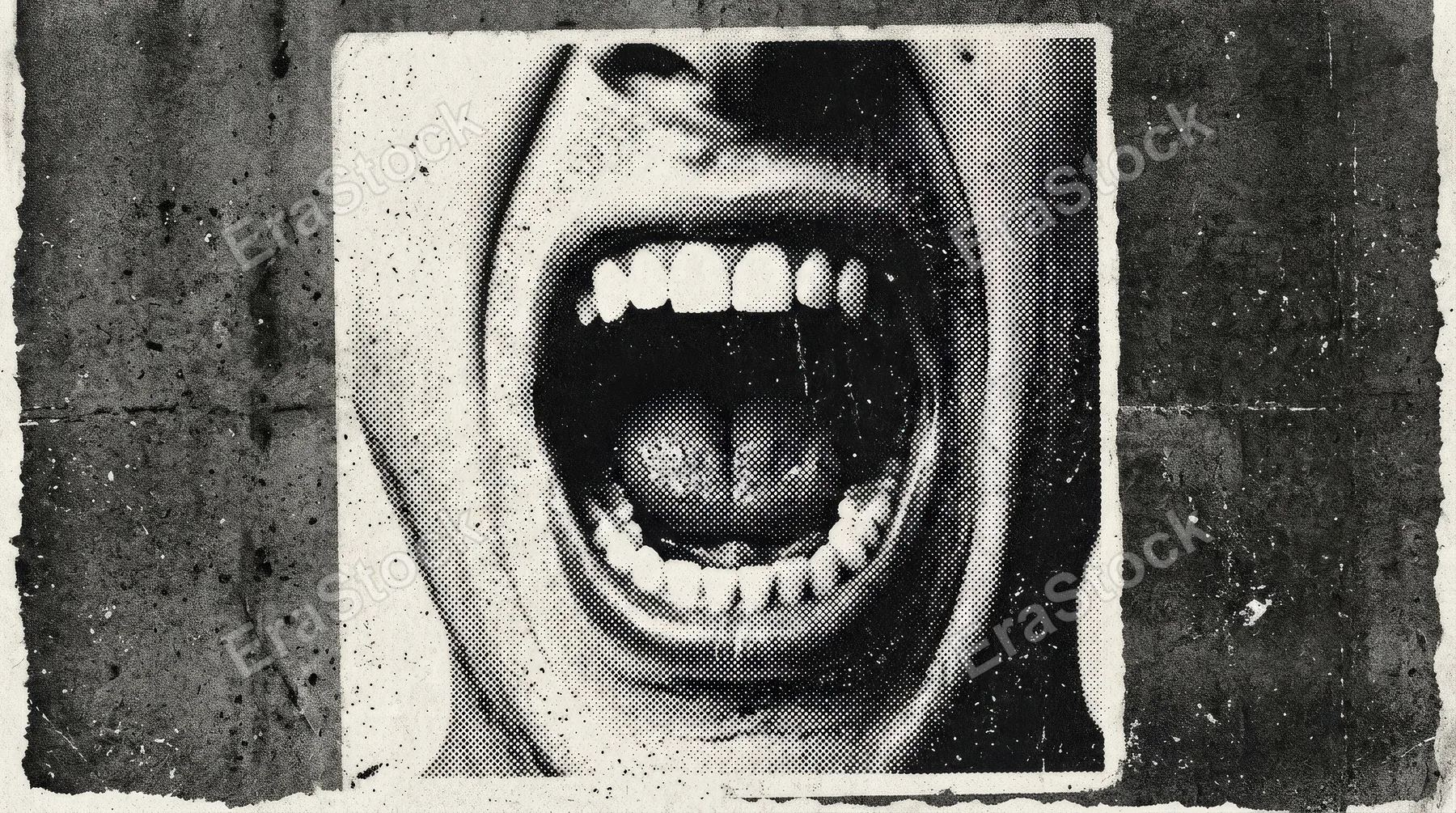 A screaming mouth in halftone stipple dotwork, expressive grainy photocopy texture, raw punk energy and vintage brutalist mood, ultra-realistic, no logos.