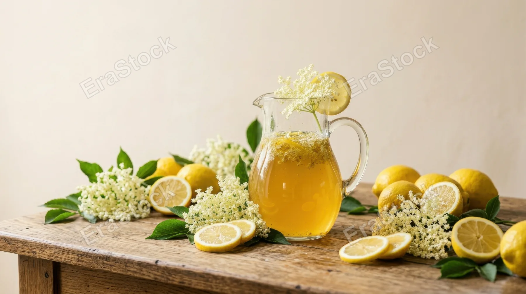 a graphic still-life composition featuring the glass pitcher filled with golden elderflower cordial at the center, surrounded by sliced lemons and elderflowers. the
