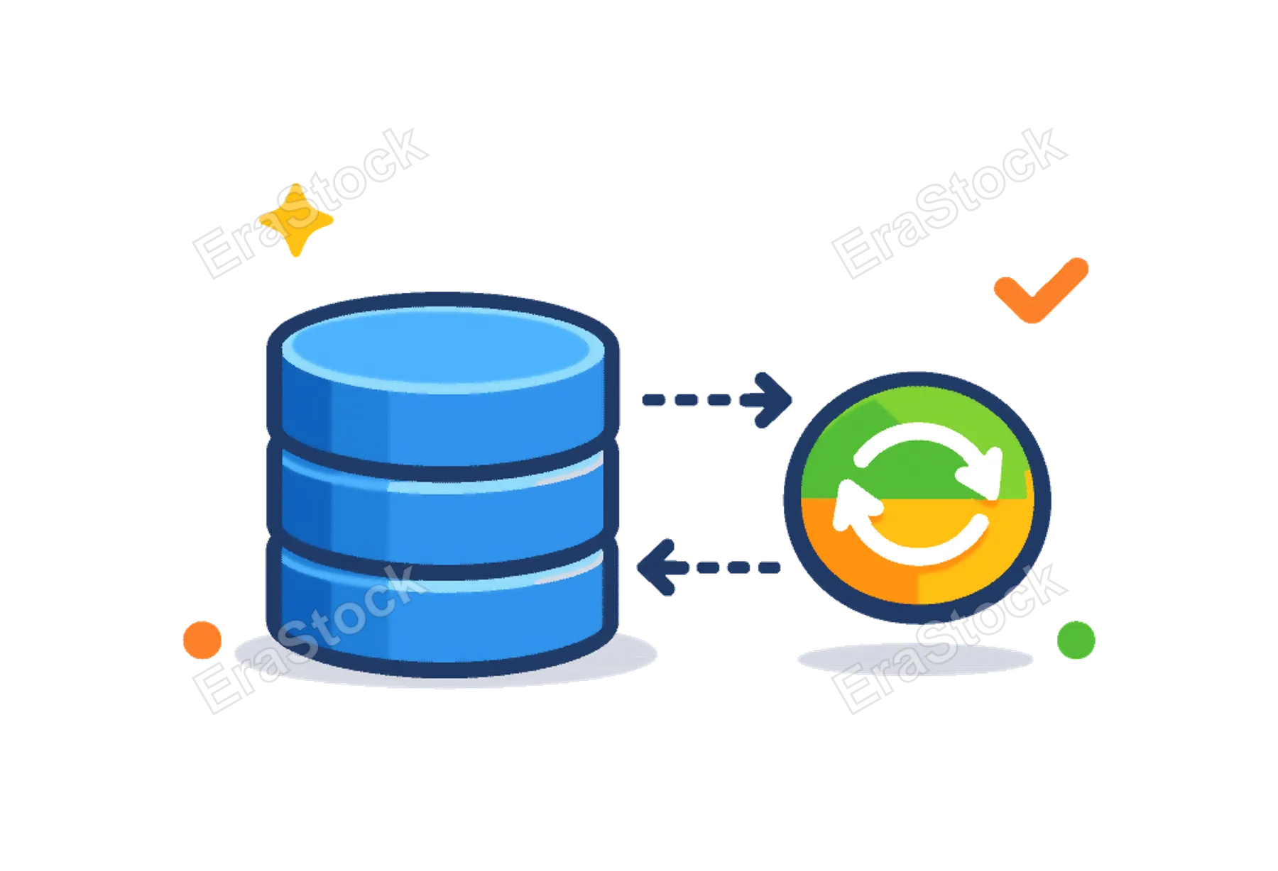 Digital data synchronization scenario centered on maintaining consistency and updating information across systems in remote workflows, a database icon connected to a