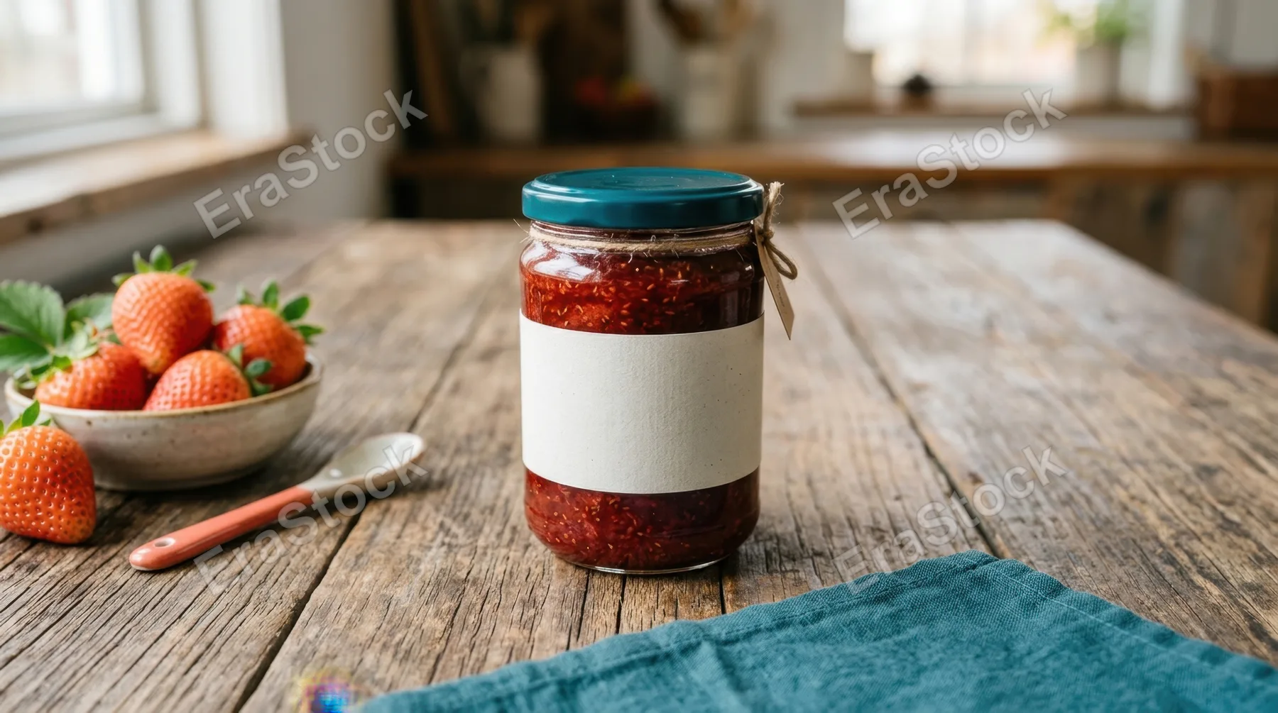 a graphic commercial composition featuring the blank-label strawberry jam jar at the center, with generous negative space around it for text overlay. the vivid coral and