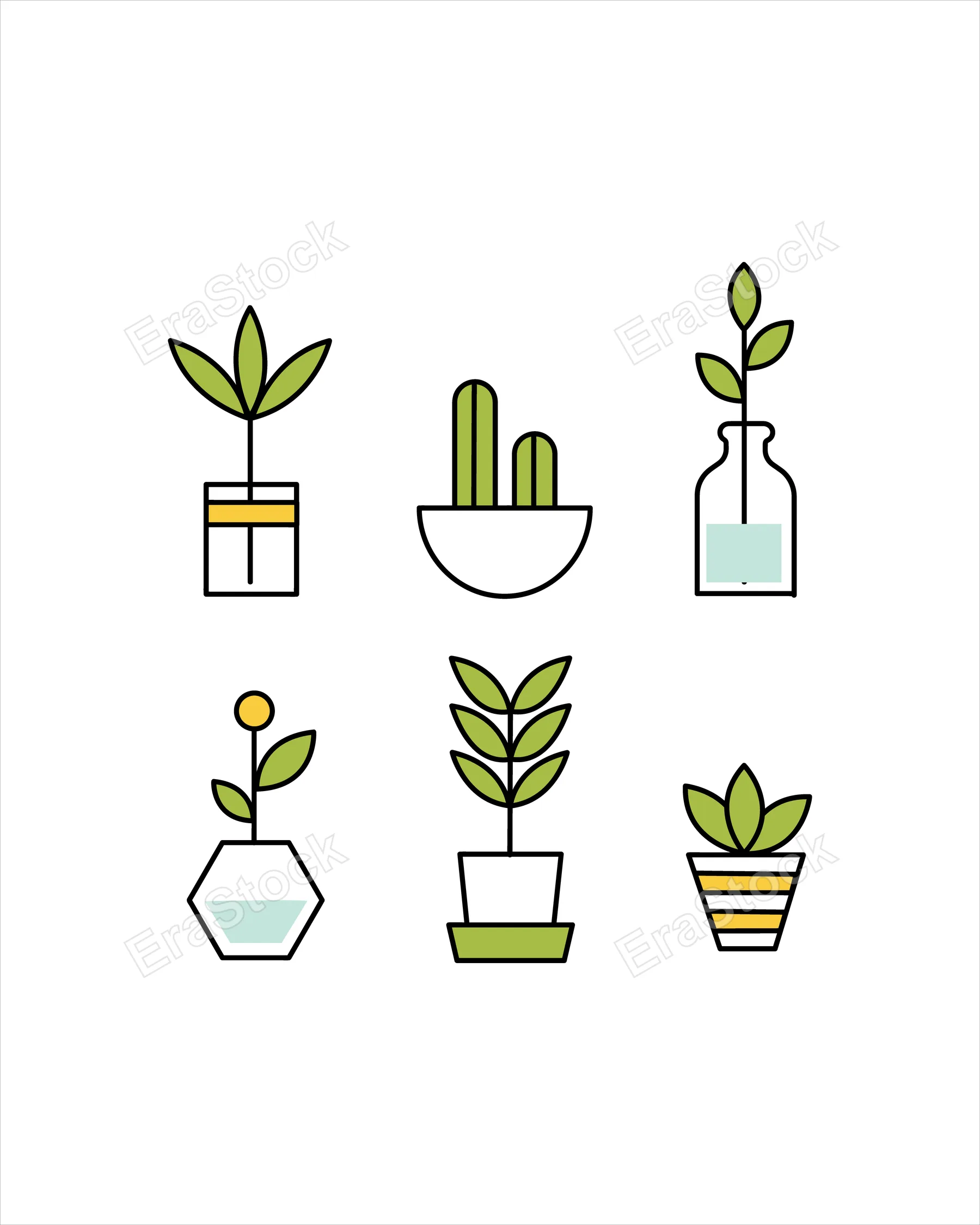 A simple graphic illustration featuring a variety of green houseplants in stylized pots and vases, perfect for home decor themes