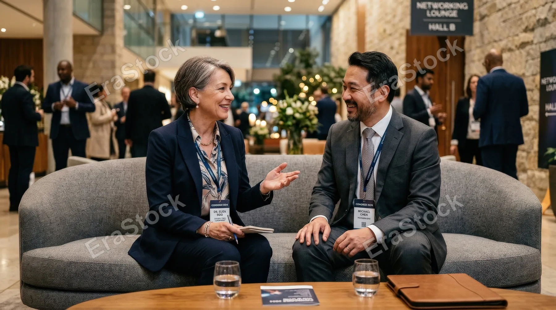 A happy mature businesswoman talking with a male entrepreneur while sitting on a sofa in a congress center, elegant lobby, event badges, warm ambient light, refined networking mood, ultra-realistic,